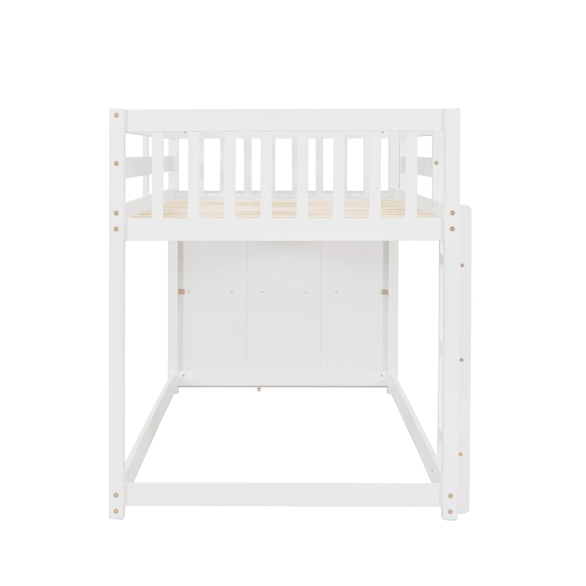 MERITLINE Twin Over Twin Bunk Bed with Storage - Low Bunk Bed Frame with 4 Drawers & 3 Shelves - Solid Wood Loft Bed for Kids, Girls & Boys (White) - Perfect for Small Bedrooms, Kids' Rooms & Space-Saving Solutions