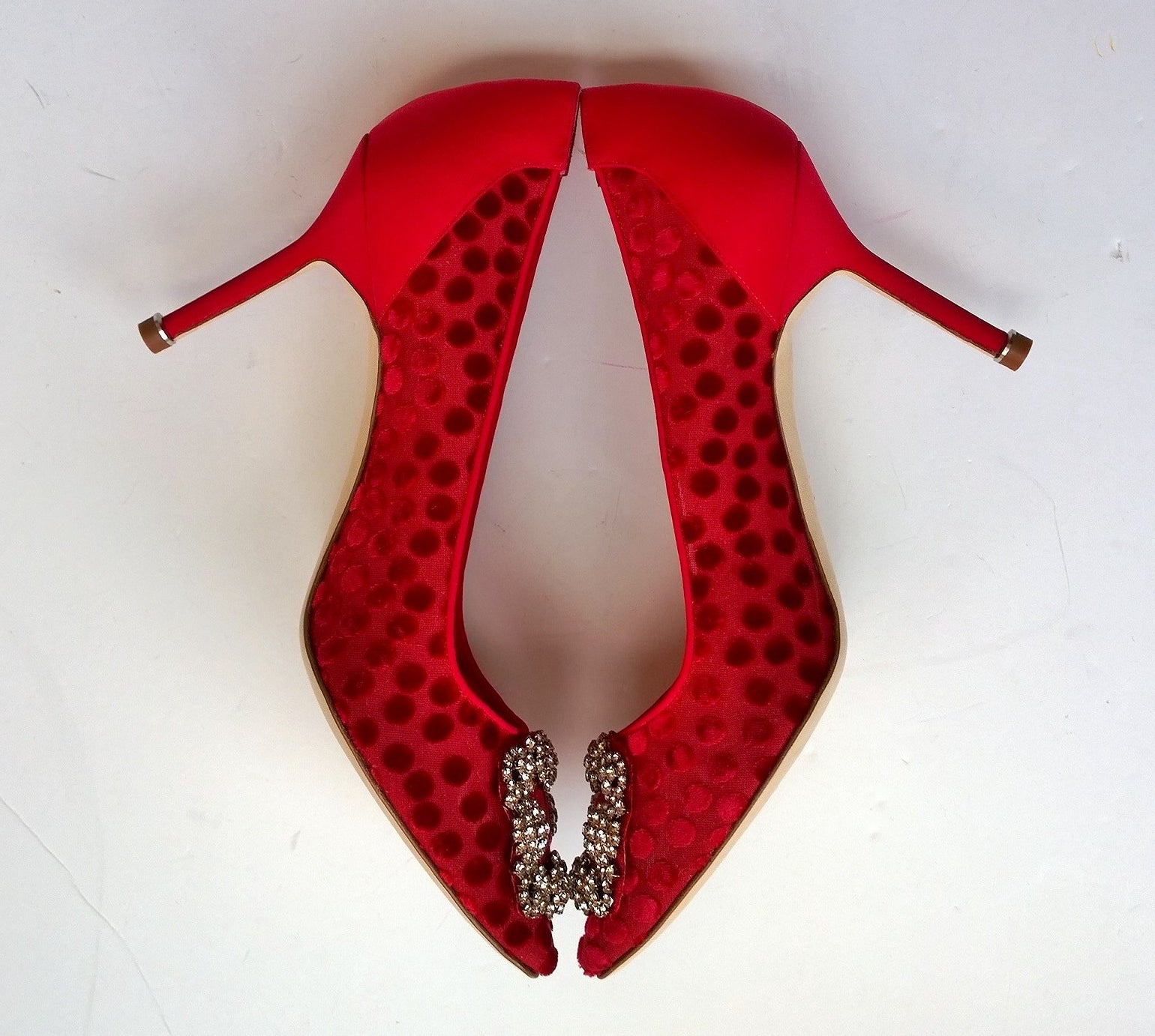 Manolo Blahnik Hangisi Red Polka Dot Silk Buckle Heels with Rhinestones - Elegant Women's Dress Shoes for Weddings, Parties & Special Occasions