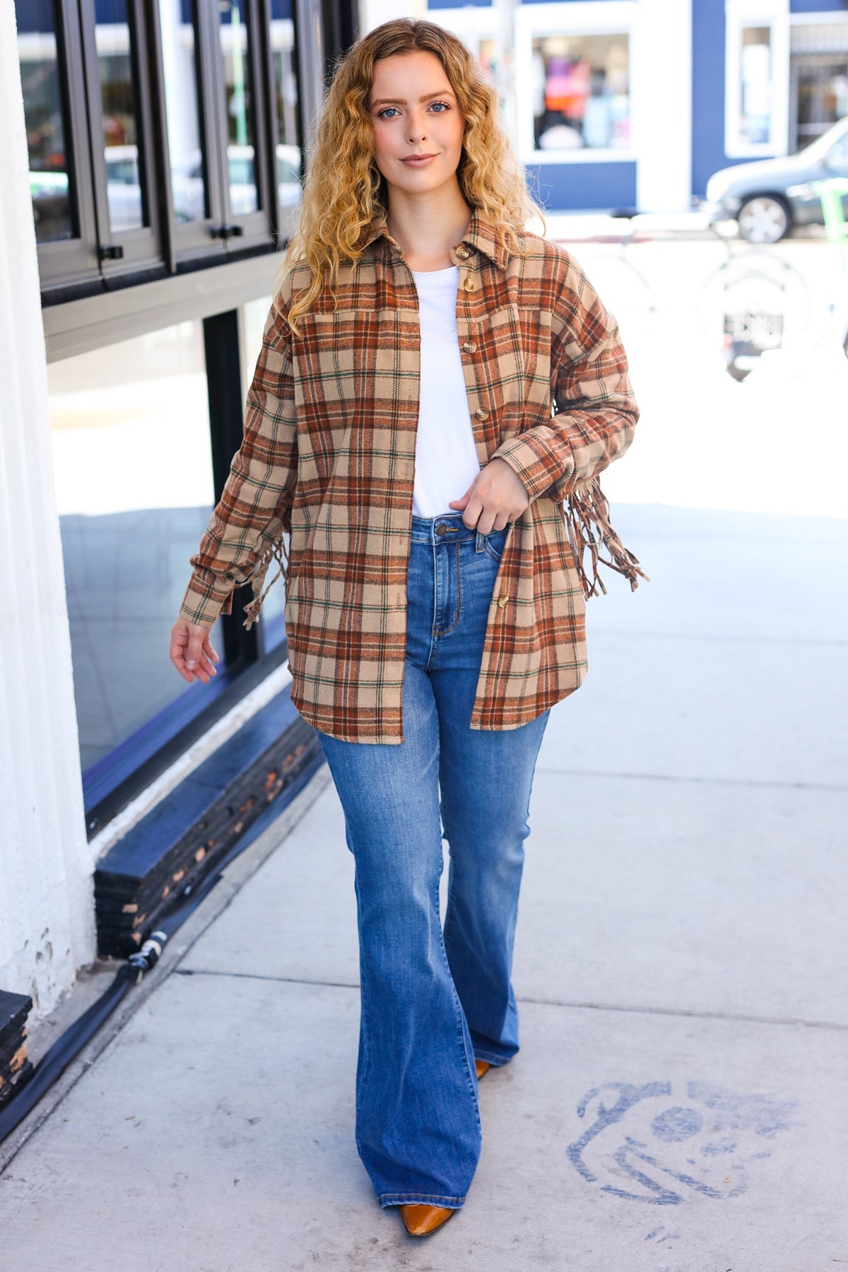 Stylish Taupe & Rust Flannel Plaid Fringe Jacket for Women - Cozy Fall Winter Layering Essential | Perfect for Outdoor Adventures, Casual Outings & Date Nights