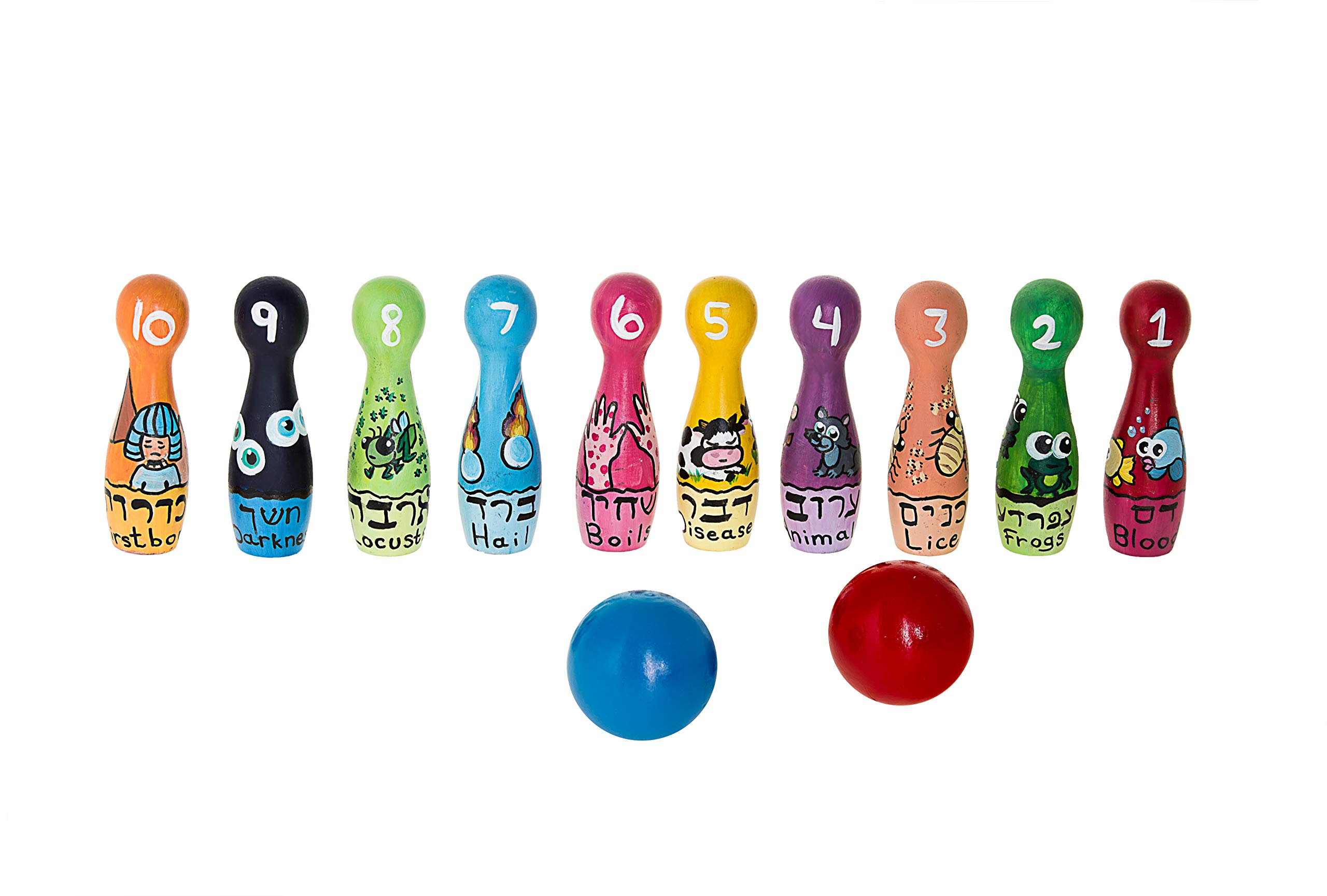 Handcrafted Wooden Ten Plagues Bowling Set - Passover Game with 10 Symbolic Pins & 2 Sturdy Balls - Perfect for Jewish Holiday Celebrations and Family Game Nights