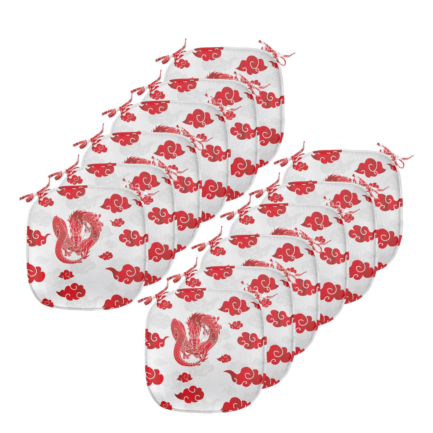 Lunarable Dragon Chair Cushion Set of 12 - Blood Red Flying Dragon with Red Clouds Mythological Design - Anti-Slip Kitchen & Patio Seat Pads 16x16 Inches - Perfect for Dining Chairs, Outdoor Furniture, and Home Decor (Red/White)