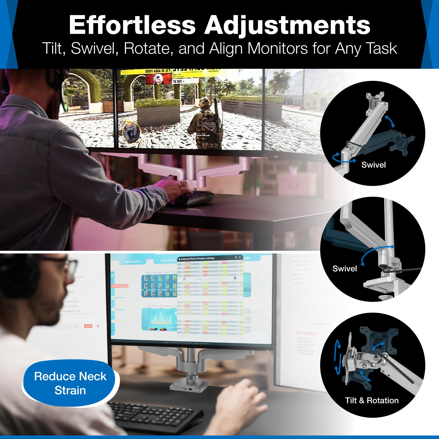 Mount-It! Triple Monitor Stand with USB & Audio Ports - Adjustable 3 Monitor Desk Mount for 24