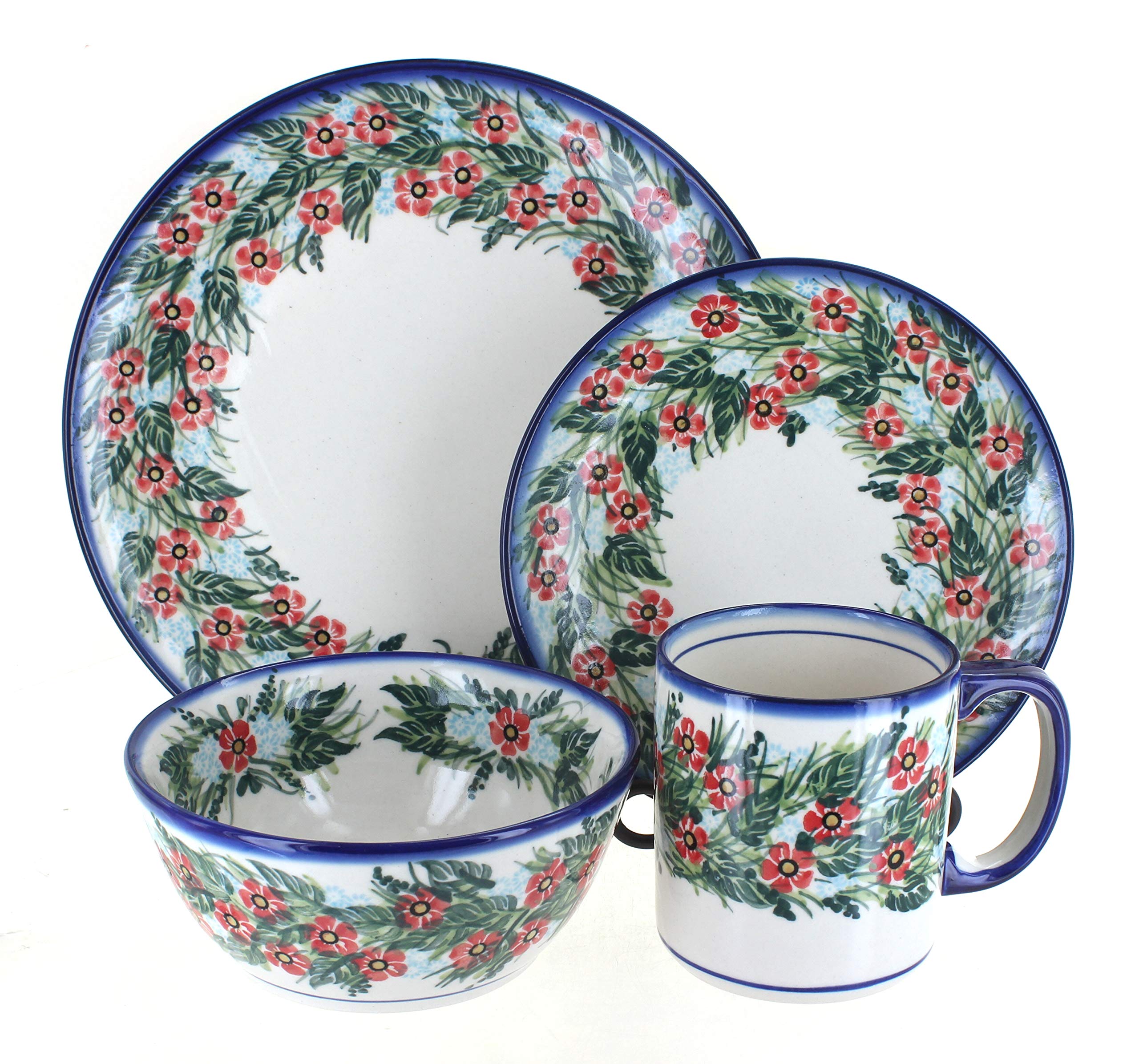 Blue Rose Polish Pottery Chloe 16-Piece Dinnerware Set - Elegant Dining Plates, Bowls & Mugs for Home, Restaurant & Special Occasions