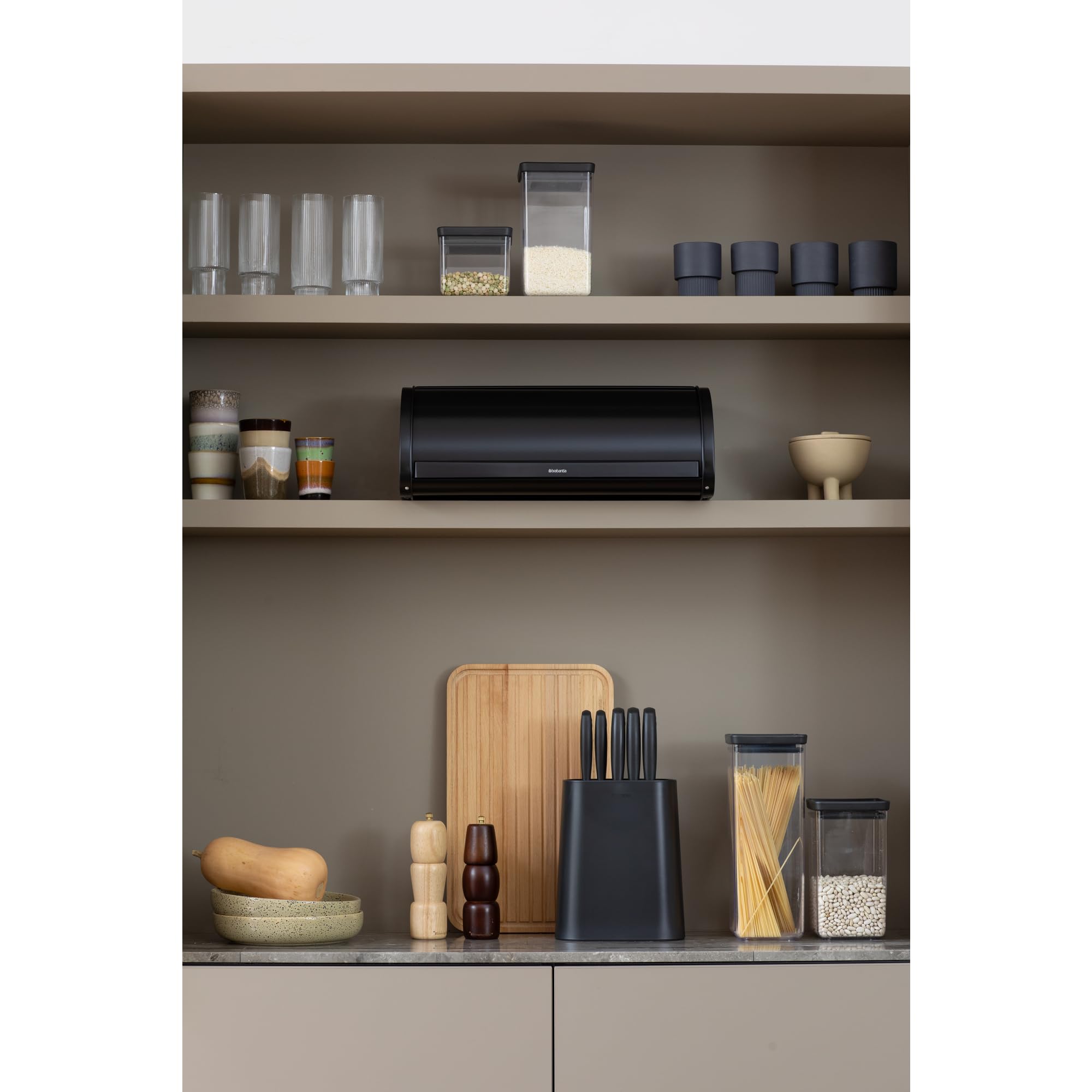 Brabantia Roll Top Bread Box – Large Countertop Storage Container for Bread, Bagels, Rolls – Space-Saving Kitchen Organizer with Flat Top – Durable Metal Bread Bin in Matte Black – Perfect for Countertops, Pantries, and Modern Kitchens