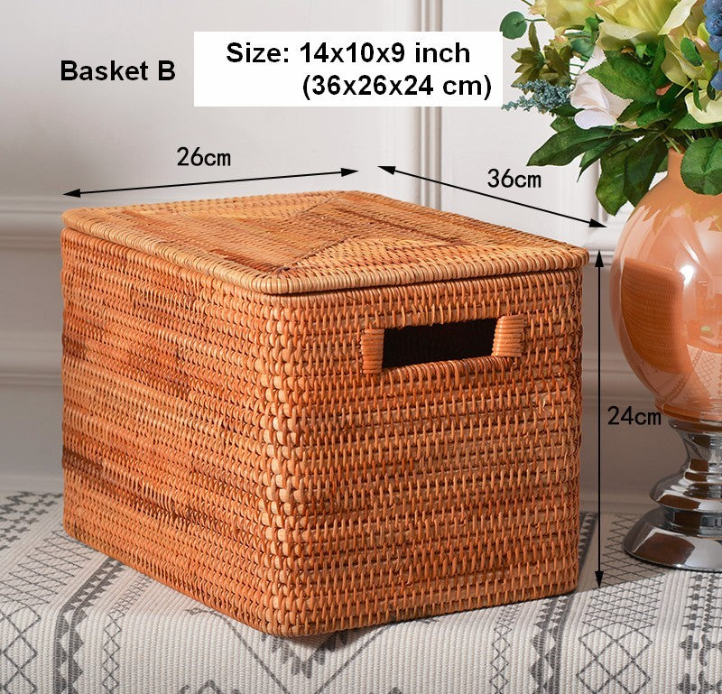 Extra Large Storage Baskets for Clothes - Oversized Rectangular Wicker Rattan Basket with Lid - Organizer for Shelves, Bedroom, Closet & Laundry Room - Perfect for Home Organization & Decluttering