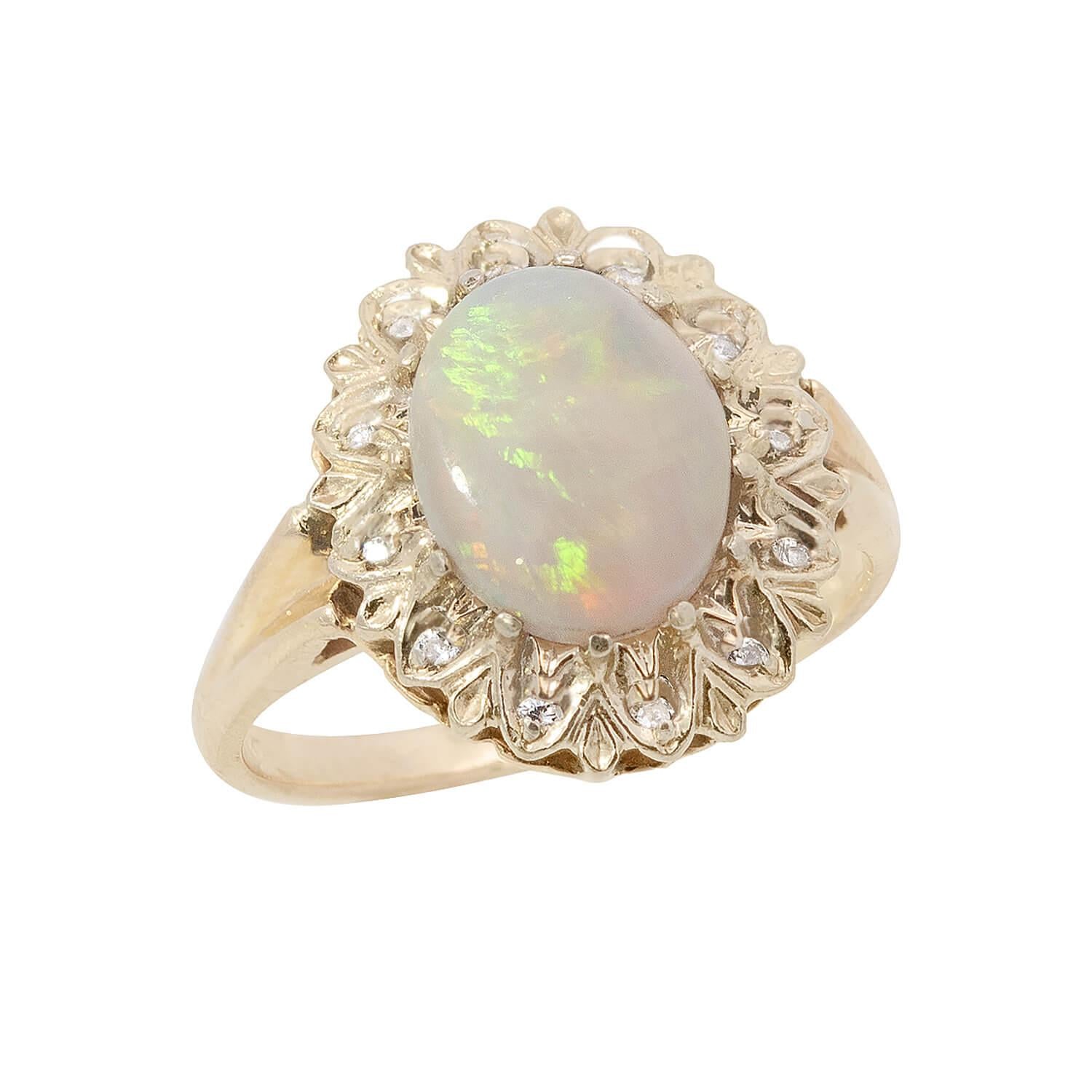 Vintage 14K Gold Opal and Diamond Halo Ring - Elegant Engagement, Wedding, Anniversary Jewelry Gift for Women