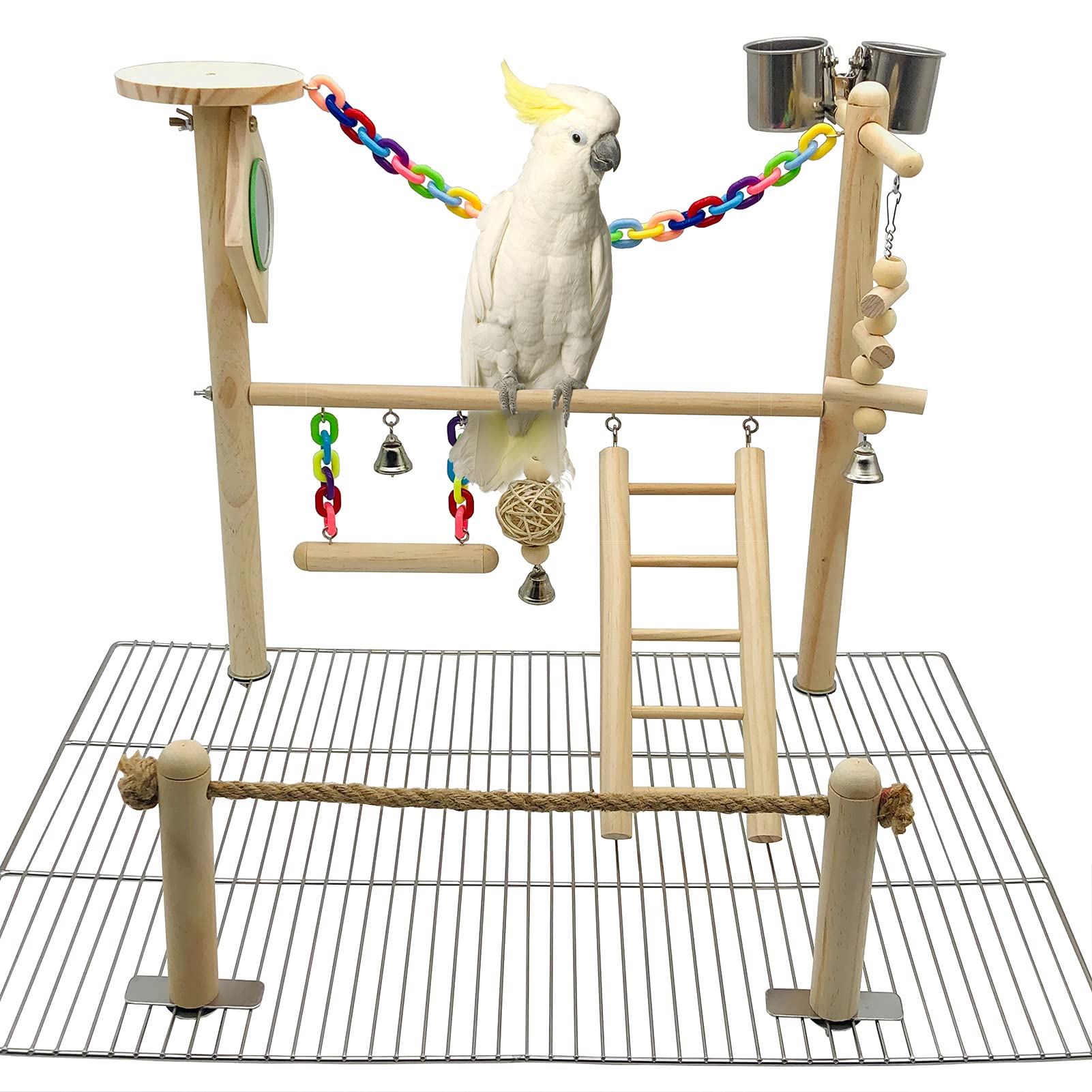 Bird Playground Top Cage - Hanging Chewing Toys & Wood Perch for Parrots, Conures, Parakeets, Budgies, Cockatiels, Lovebirds | Durable Parrot Gym Play Stand for Cage Top - Perfect for Playtime, Exercise & Mental Stimulation