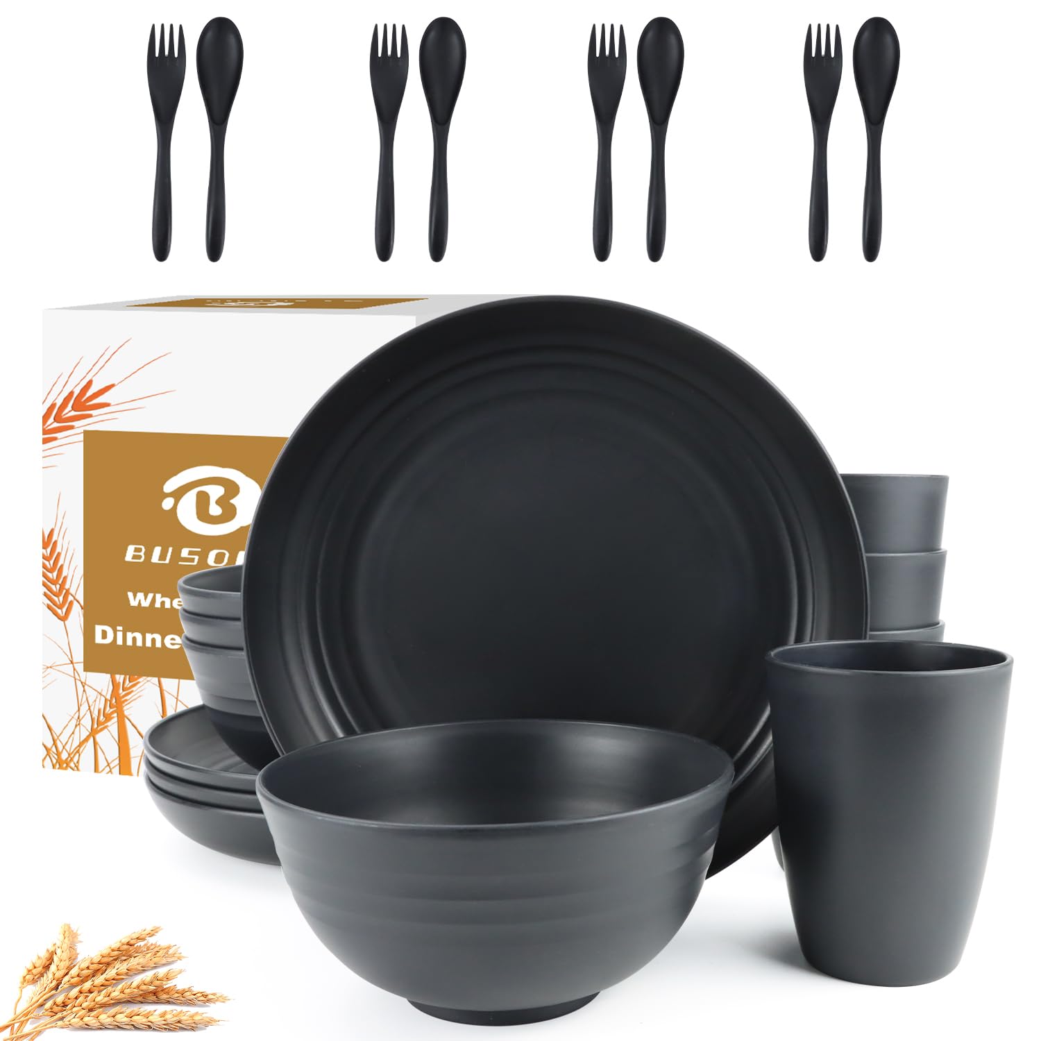 20-Piece Eco-Friendly Wheat Straw Dinnerware Set - Unbreakable Plates & Bowls, Reusable BPA-Free Plastic Alternative - Perfect for Outdoor Camping, Picnics, RV Trips & Microwave-Safe Home Use - 4-Person Set (Black)