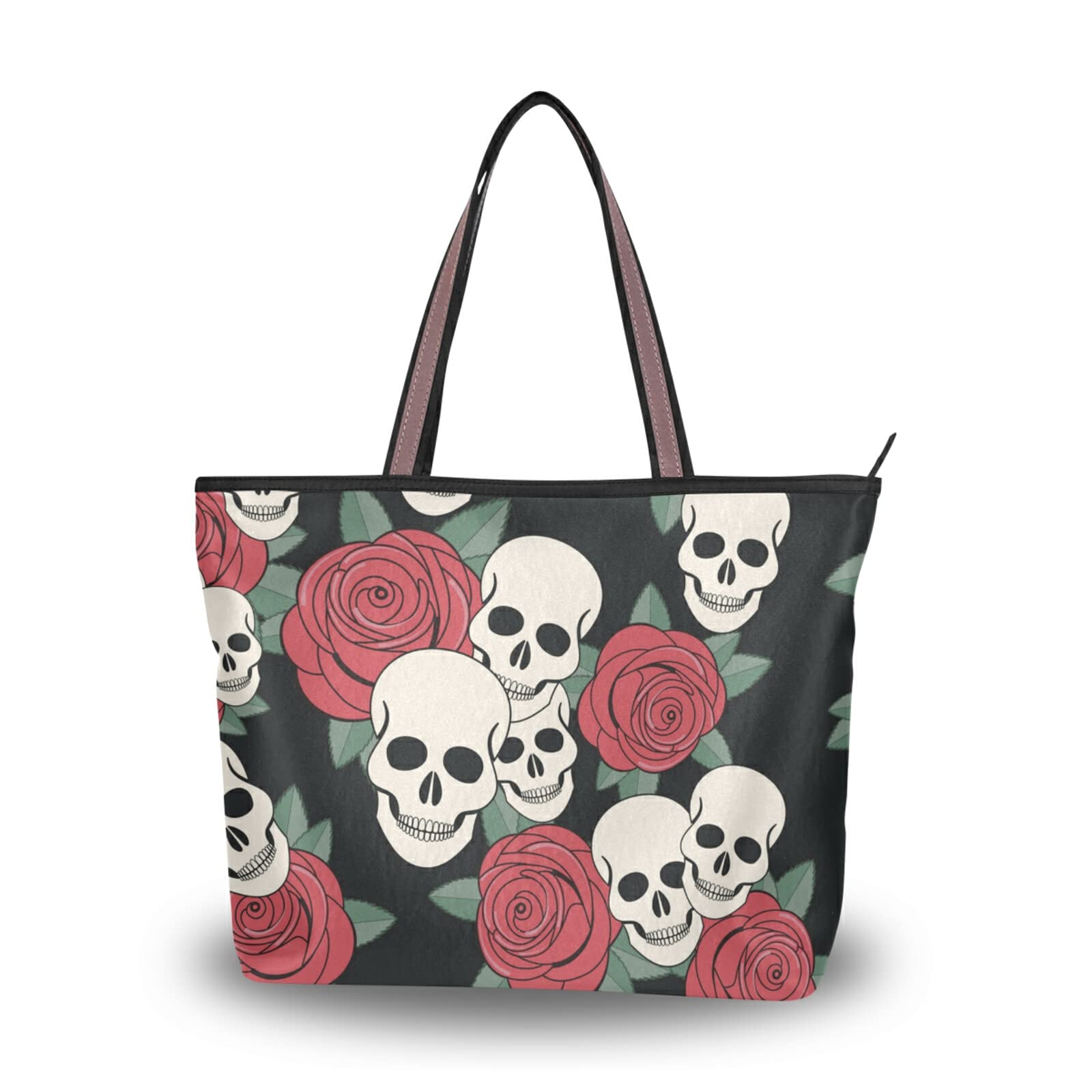 Stylish Skull Roses Print Tote Bag for Women - Large Capacity Zipper Grocery Shopping Bag, Durable Reusable Purse for Daily Use (2 Size Options) - Perfect for Grocery Shopping, Beach Trips & Work Commute