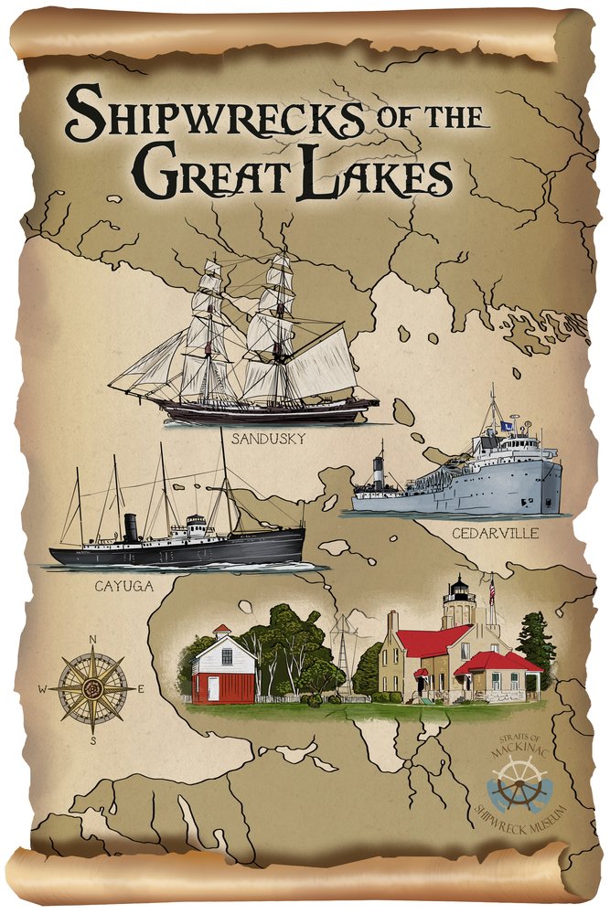 Shipwrecks of the Great Lakes Giclee Art Print - 16x24 Inches Wall Decor Travel Poster - Perfect for Nautical Theme Home Office & Lake House Decor