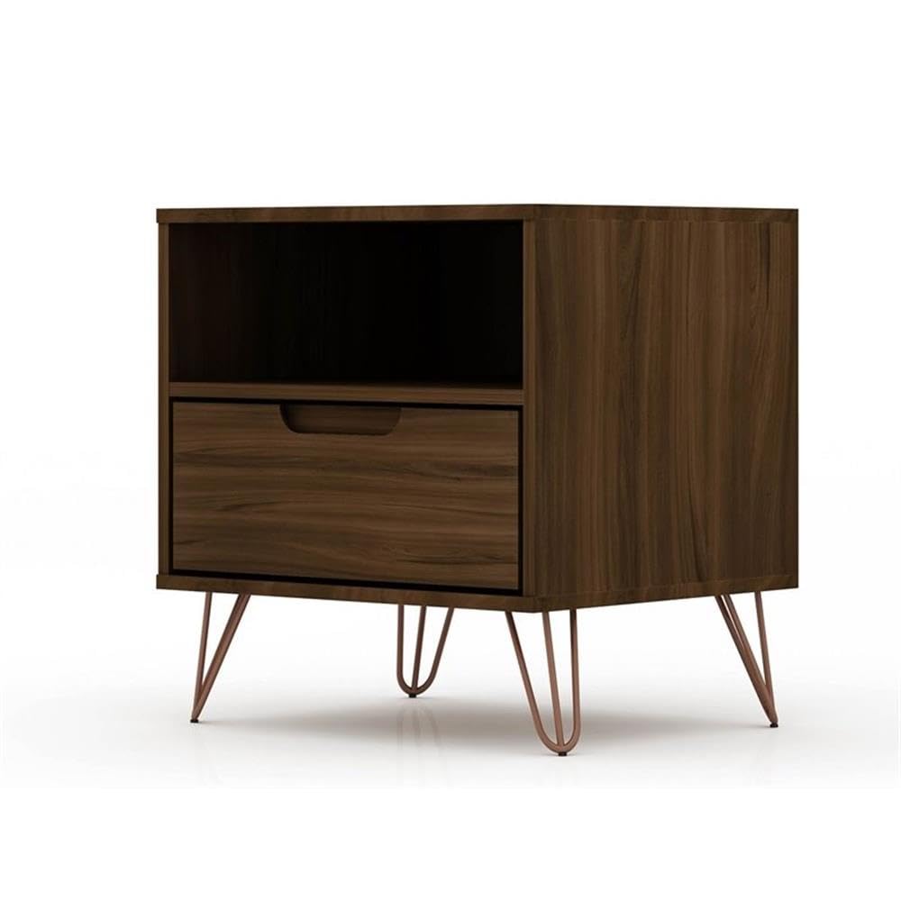 Mid Century Modern Nightstands Set of 2 - Manhattan Comfort Rockefeller Bedside Tables with Drawer & Cubby Storage, Brown Wood Bedroom Furniture for Master Bedroom, Guest Room or Living Room - Perfect for Storing Books, Lamps & Bedside Essentials