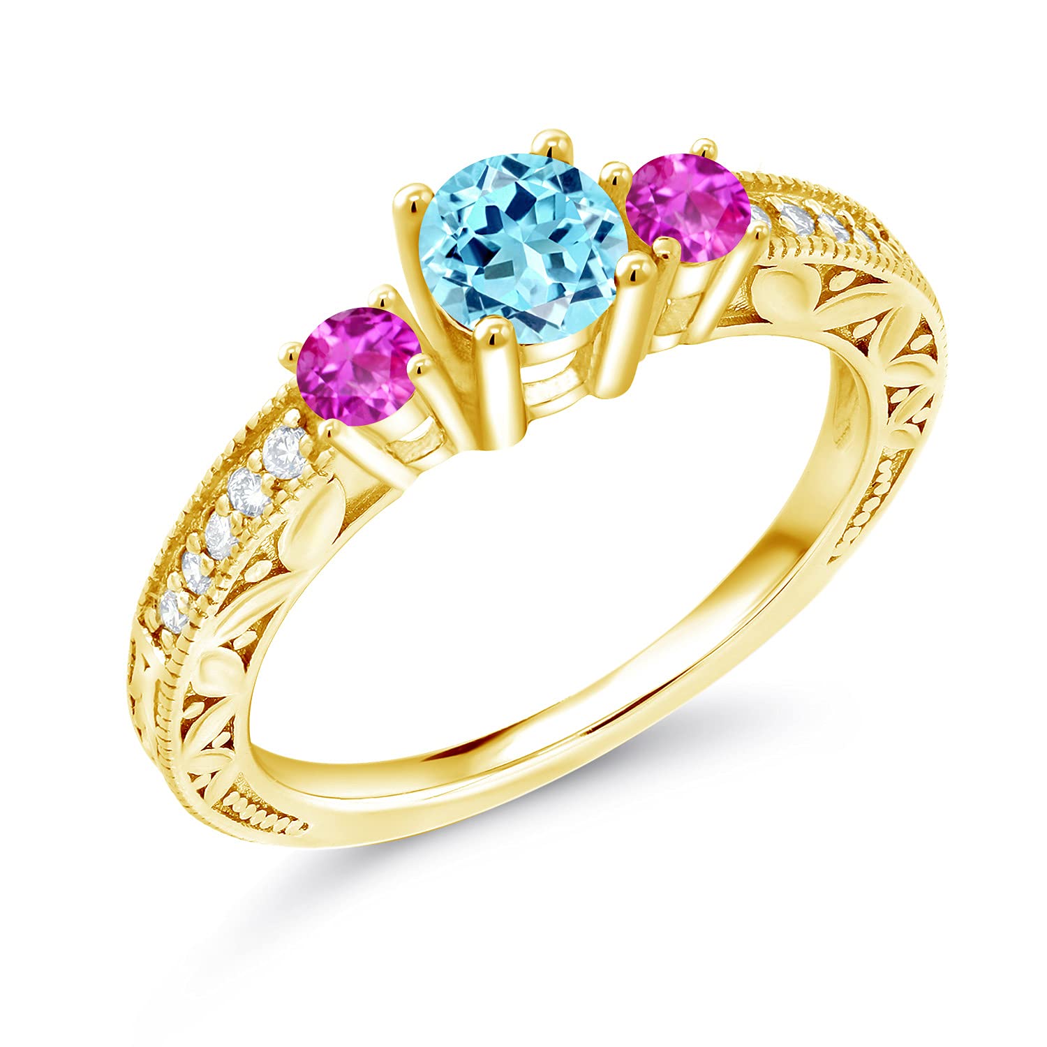 0.89 Ct Natural Blue Apatite & Pink Sapphire 18K Gold Plated Silver Ring for Women | Gem Stone King | Elegant Jewelry Gift for Anniversary, Birthday & Special Occasions