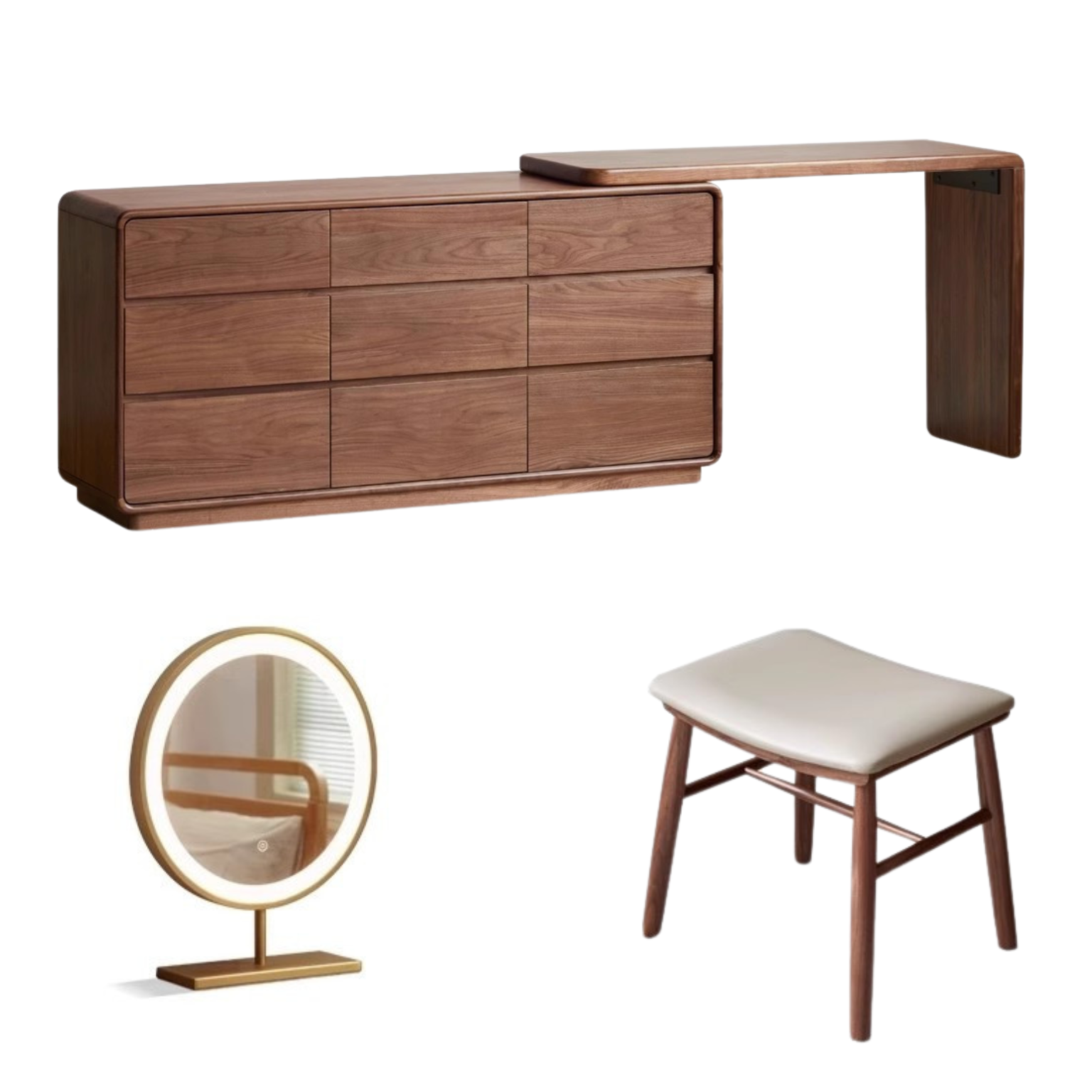 59.3x15.8x28 inch / 150.5x40x71 сm / Rich Dark Walnut color / Makeup table L-shaped board + Nine drawers + Makeup Stool +Makeup mirror