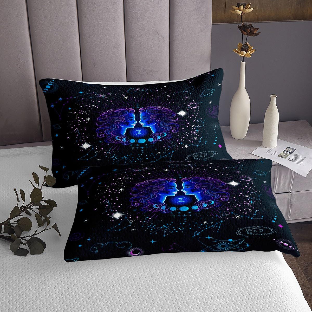 Gemini Zodiac Bedspread Set - Queen Size Trippy Cosmos Quilt & Pillowcases for Psychedelic Bedroom Decor