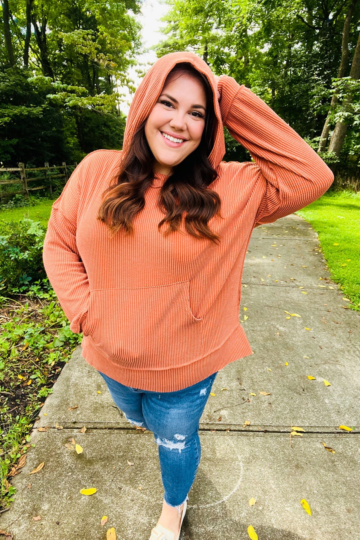 Cozy Days Rust Mineral Wash Rib Knit Hoodie - Soft Vintage Pullover for Women & Men | Perfect for Fall Layering, Casual Outfits & Loungewear