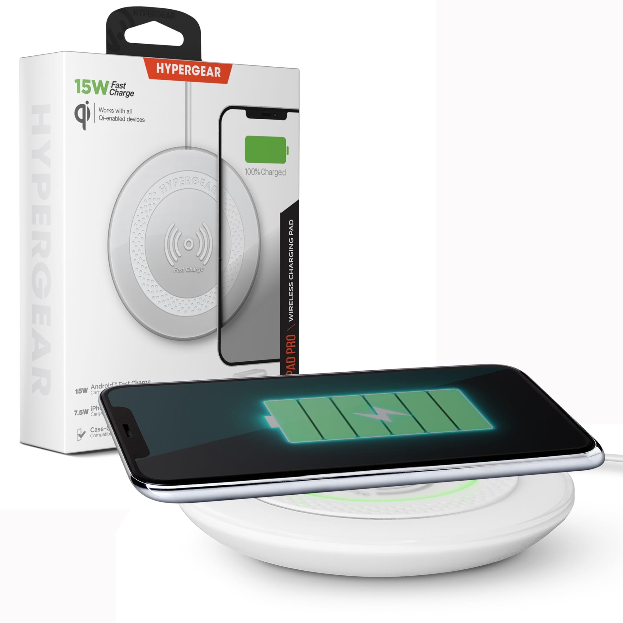 HyperGear ChargePad Pro 15W Fast Wireless Charging Pad with Soft Grips & LED Indicator - Qi-Certified for iPhone 15/14/13/12, Samsung Galaxy S23/S22, AirPods & Android Devices - Perfect for Home, Office & Nightstand Charging - White