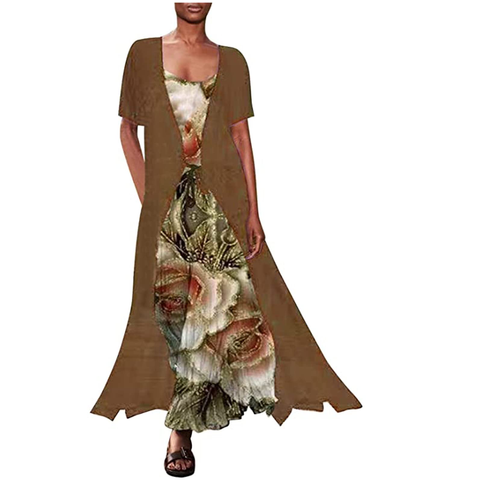 Women's Floral Print Summer Long Dress Two-Piece Set - Plus Size Crewneck Midi Dress with Short Sleeves - Elegant Wedding Guest Outfit & Beach Vacation Dress for Women
