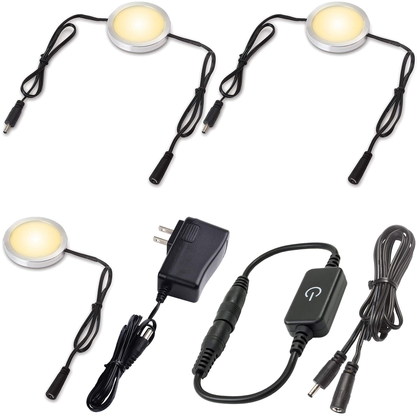 Under Counter LED Light Kit - Daisy Chain Linkable Under Cabinet Puck Lights with Touch Dimmer, 0.3