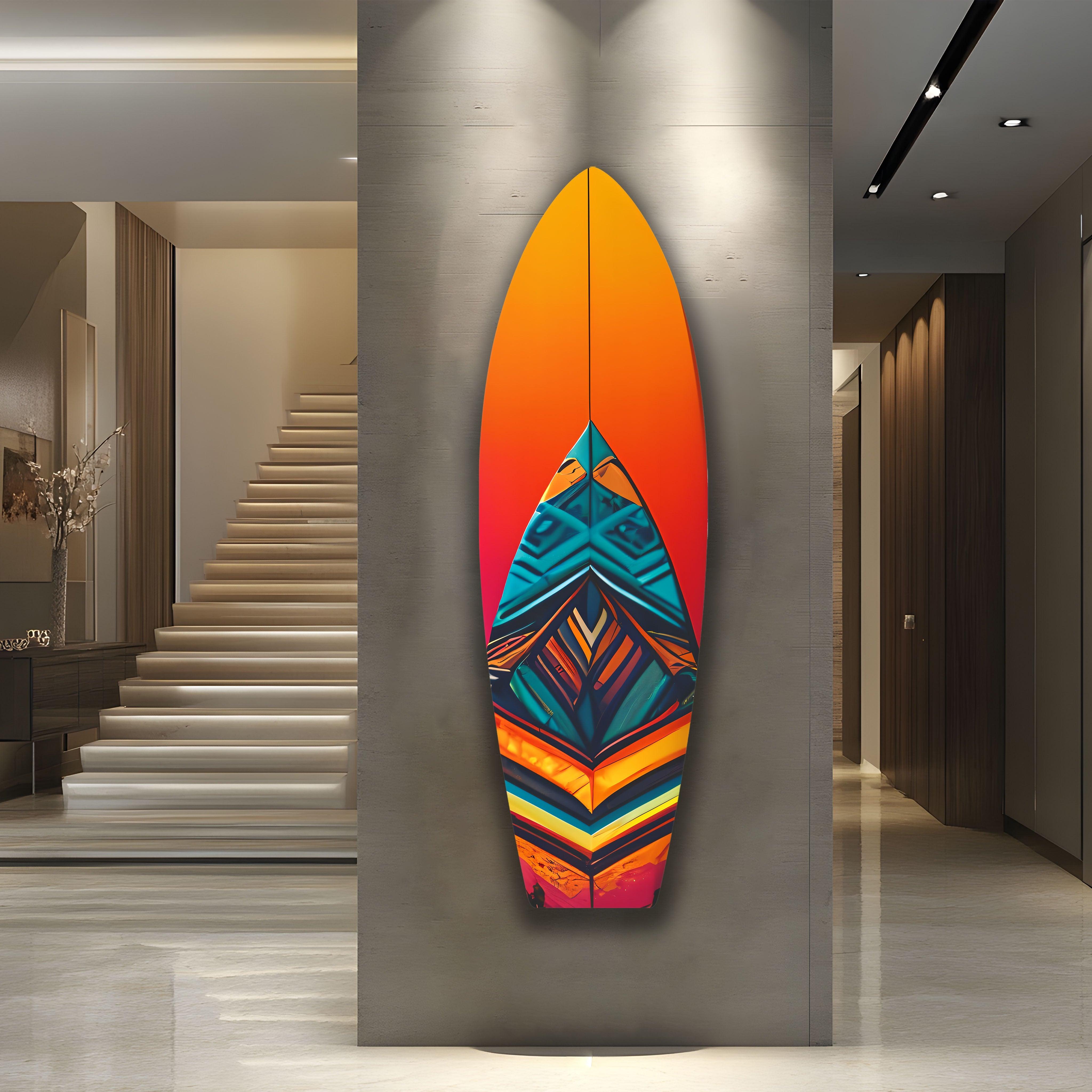 Blue Orange Details Surfboard Wall Art - Coastal Beach Decor for Living Room, Bedroom & Office - Perfect Surfing Theme Home Décor