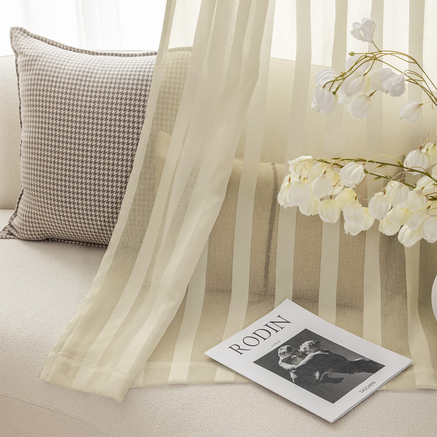 Jinchan Striped Sheer Curtains for Bedroom & Living Room - 63 Inch Long Rod Pocket Window Drapes (Set of 2 Panels, Beige) - Light Filtering Privacy & Elegant Home Decor for Windows, Patio Doors & Nursery