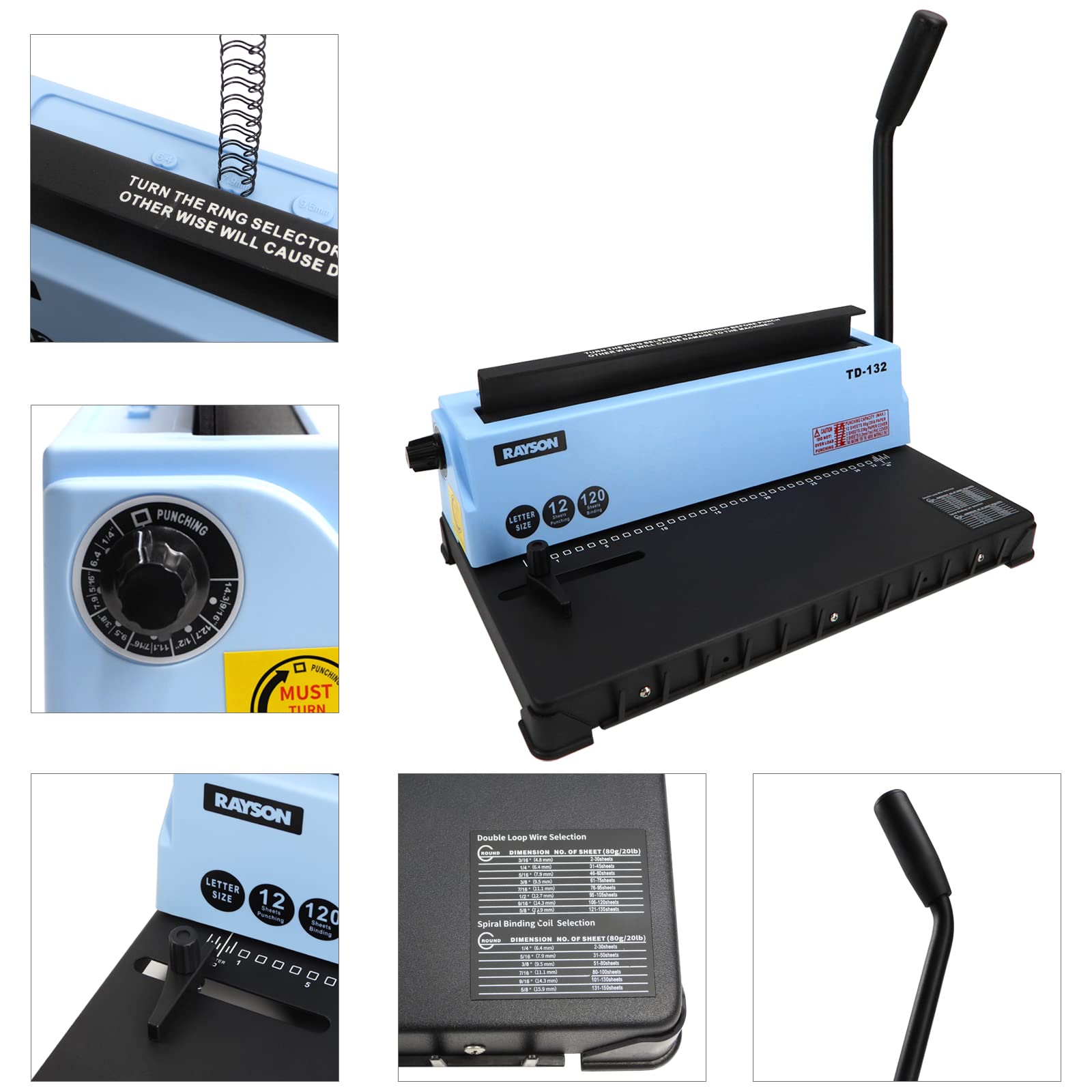 Rayson TD-132 32-Hole Wire Binding Machine with Spiral Coil Binder | 3:1 Pitch | Punches 12 Sheets & Binds 120 Pages | Durable Metal Construction | Perfect for Office, School, and Home Document Binding Projects