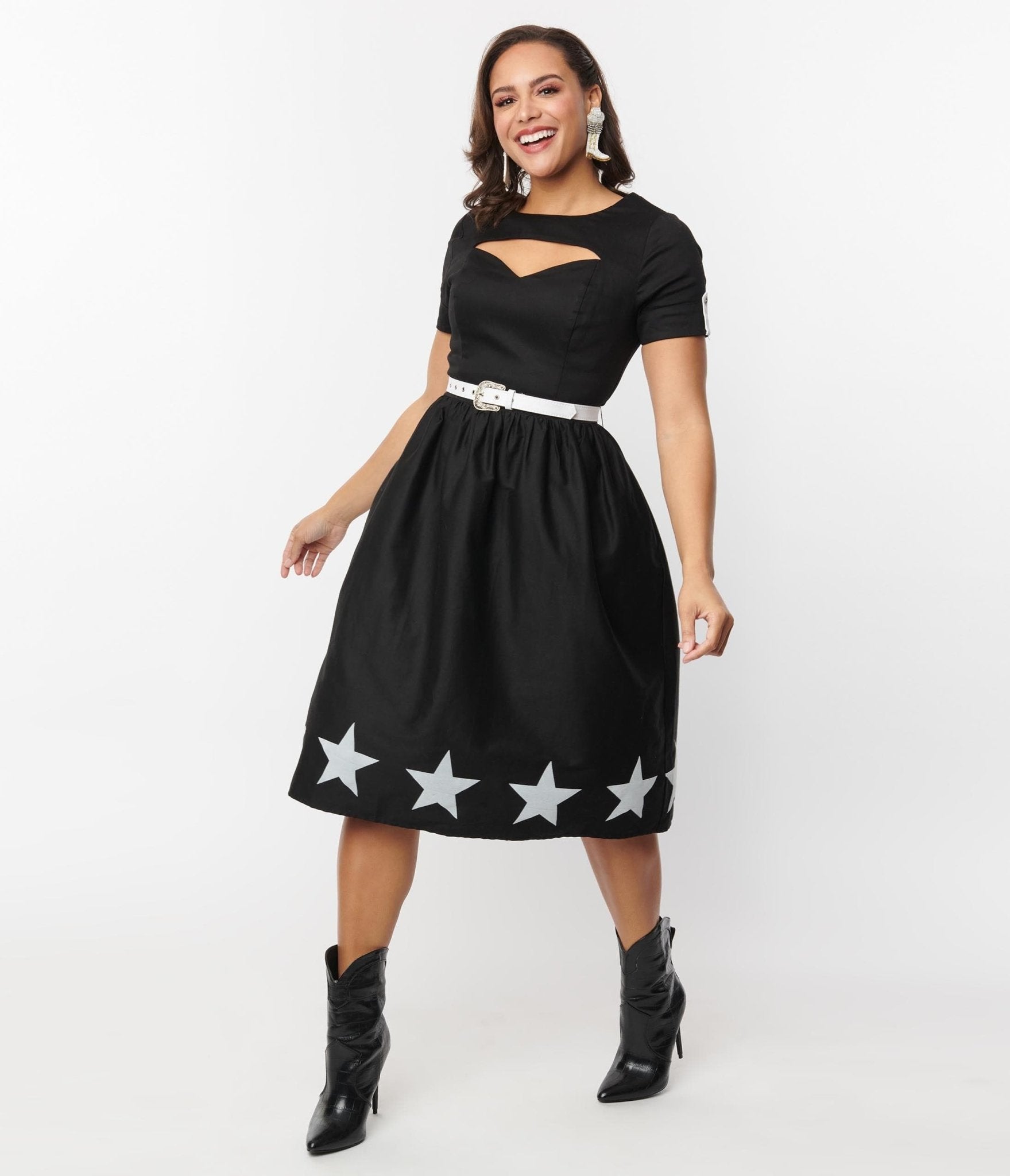 Vintage Black & White Star Cut Out Dress - Retro Floral Party Dress for Women, Perfect for Halloween, Cosplay & Themed Parties