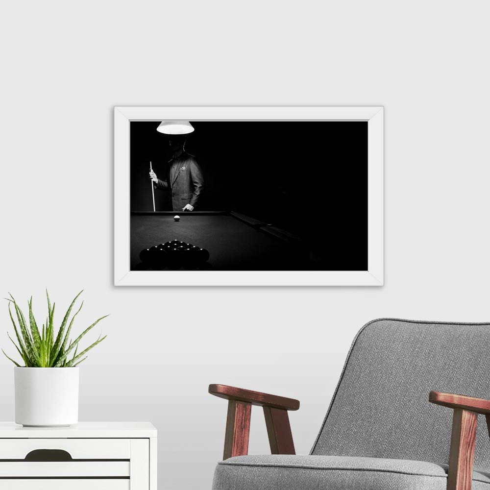 White Framed Billiards Art Print - Stylish Pool Player Mystery Scene - Perfect for Game Room, Man Cave & Sports Bar Decor