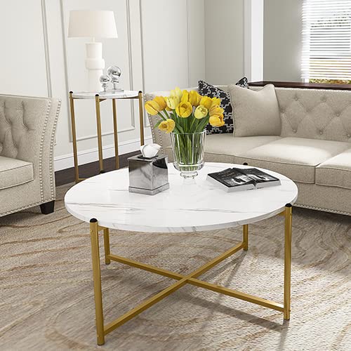 Lamerge 3-Piece Coffee Table Set - Modern Faux Marble Top with Gold Metal Frame, 1 Coffee Table & 2 Side Tables, White & Gold Living Room Furniture for Apartments, Offices - Perfect for Entertaining, Reading Nooks & Small Spaces (LCTR-W)