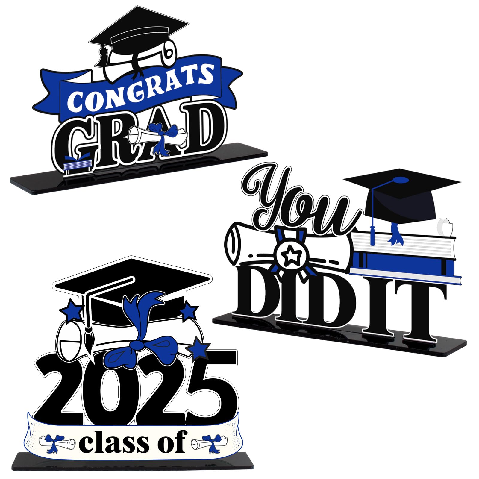 2025 Graduation Party Decorations - 3Pcs Congrats Grad Acrylic Table Centerpieces for Class of 2025, School Graduation Gift Stand Decor in Blue - Perfect for Graduation Ceremonies, Parties & Photo Backdrops