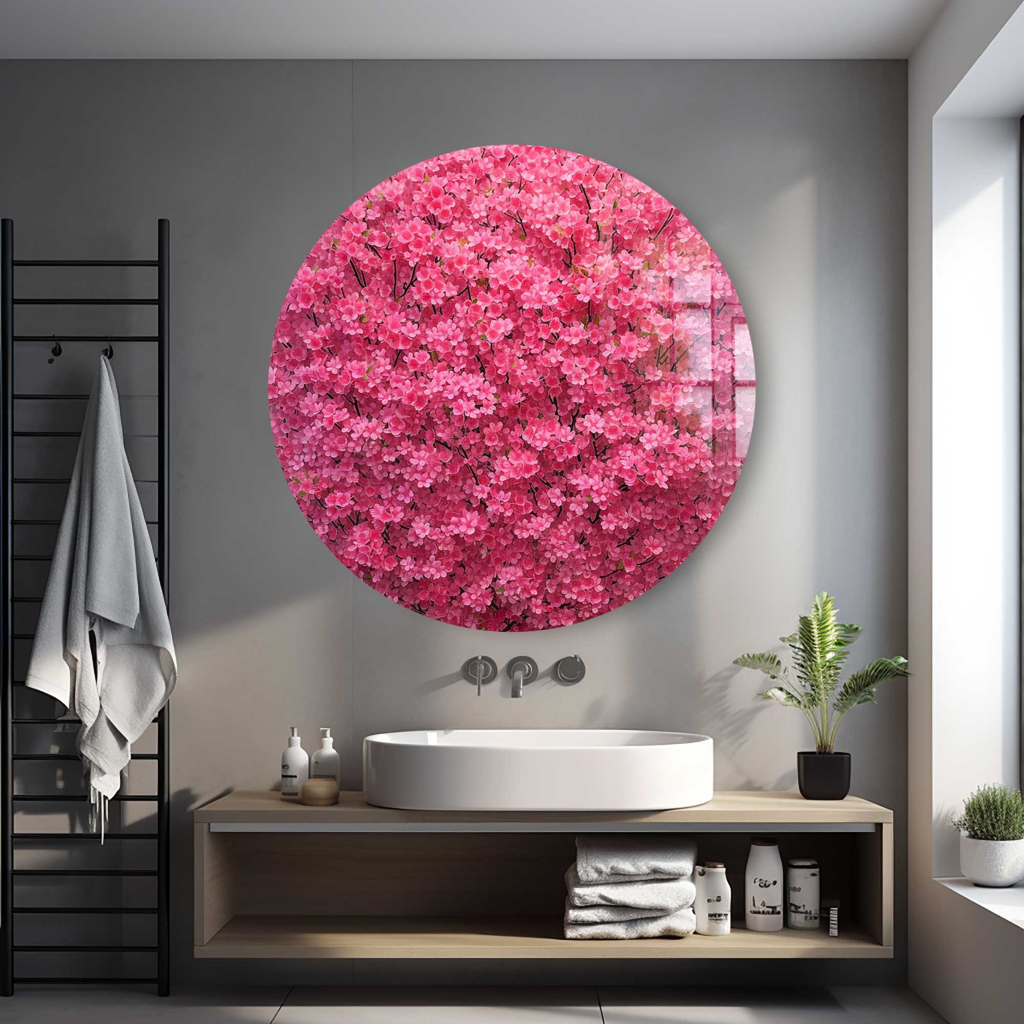 Pinky Tree Rounded Glass Wall Art - Modern Home Decor for Living Room, Bedroom & Office - Shatterproof & Stylish