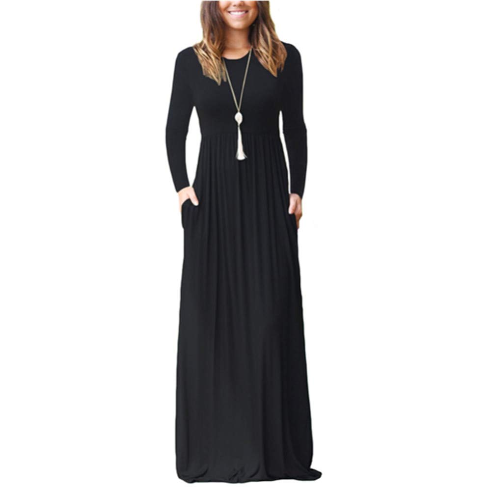 Women's Long Sleeve Maxi Dress with Pockets - Solid Color Casual Elegant Midi Dress for Ladies | Perfect for Office, Party, and Everyday Wear