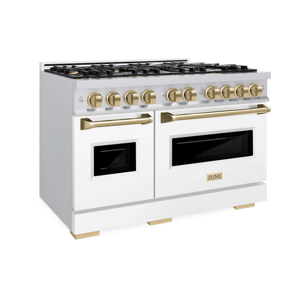ZLINE Autograph Edition 48-Inch 6.7 cu. ft. Stainless Steel Dual Fuel Range - 8 Burner Gas Cooktop with White Matte Doors & Champagne Bronze Accents | Professional Kitchen Appliance for Home Chefs & Entertaining