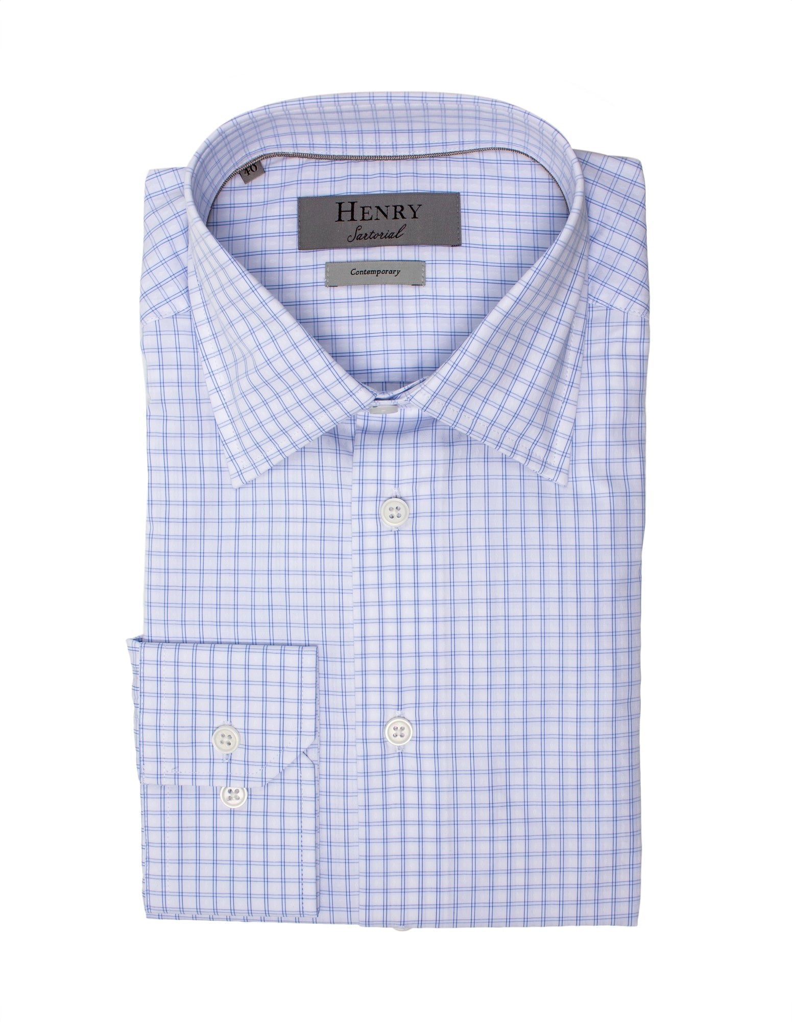 HENRY SARTORIAL Classic Fit Checkered Cotton Blend Shirt for Men - Blue and White Plaid Casual Button Down Shirt for Office, Business & Everyday Wear