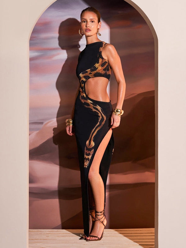 ZASUWA Women's Snake Print Cutout Bodycon Dress with High Slit | Sexy Party Club Dress for Night Out, Date Night, and Special Occasions