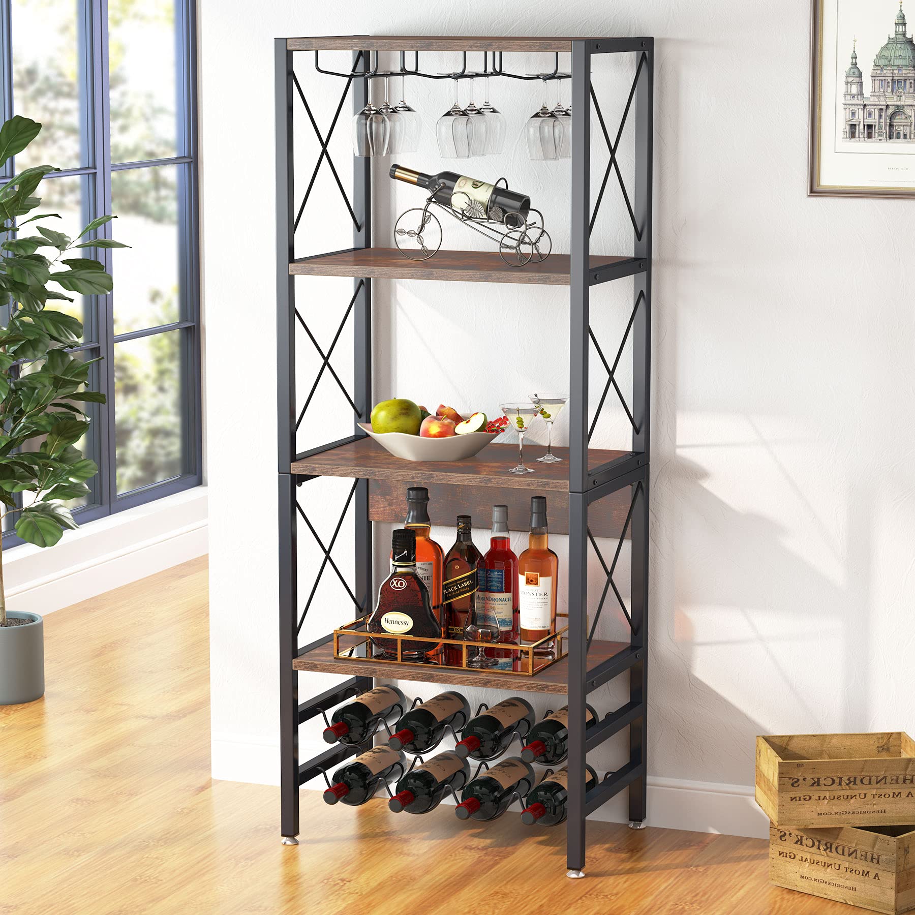 Tribesigns 4-Tier Industrial Wine Rack with Glass Holder - Freestanding Floor Wine Storage Cabinet for Kitchen, Dining Room & Home Bar - Rustic Brown Wood Wine Shelf for Wine Bottles & Stemware Organization