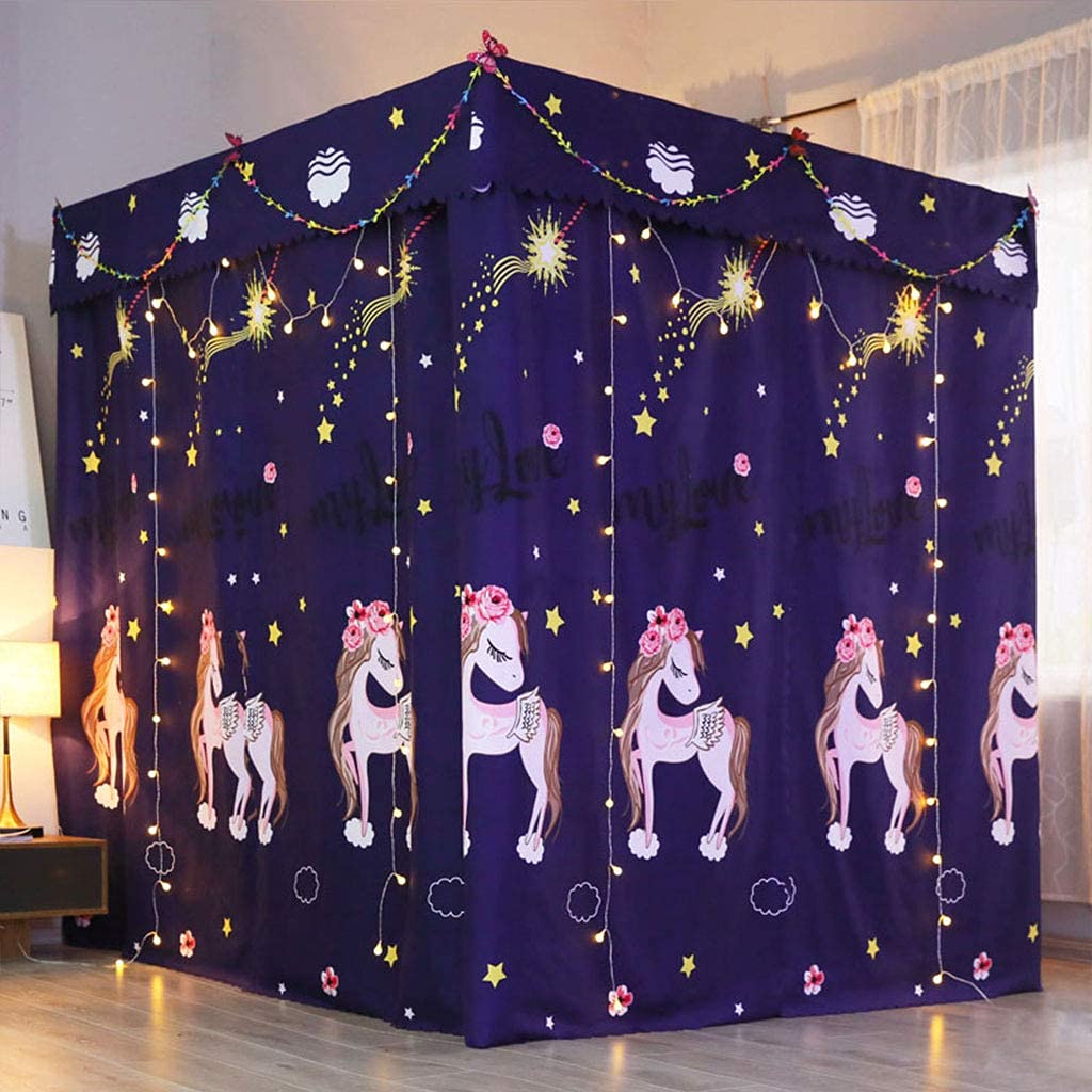 Princess 4 Corner Post Bed Canopy - Windproof Blackout Mosquito Net for Adults & Kids - Navy Horse Print Full Size - Perfect for Bedroom Decor, Girls' Room, and Romantic Gift