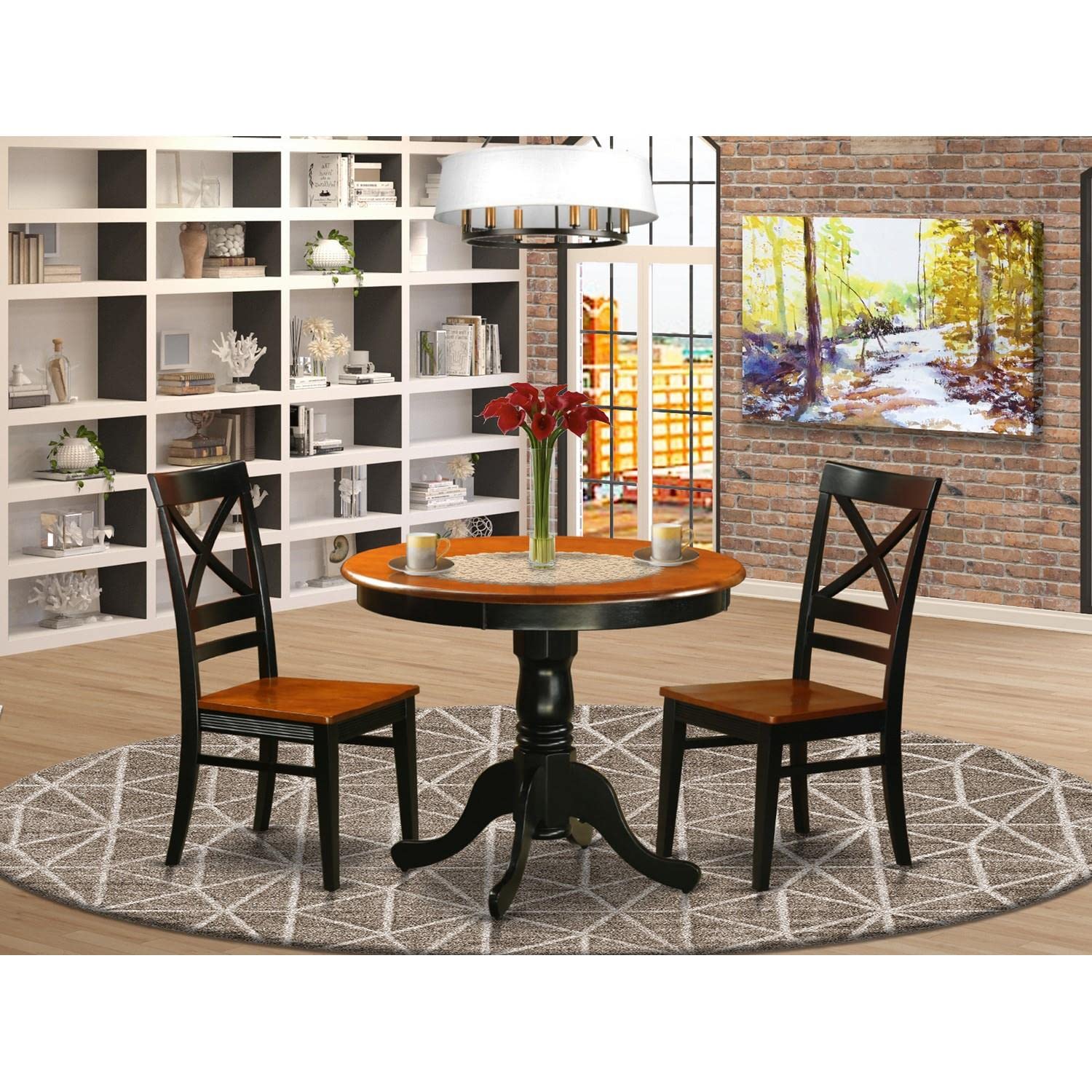 East West Furniture ANQU3-BLK-W 3-Piece Round Kitchen Dining Set - 36x36 Inch Black & Cherry Pedestal Table with 2 Chairs - Perfect for Small Spaces, Breakfast Nooks & Cozy Apartments