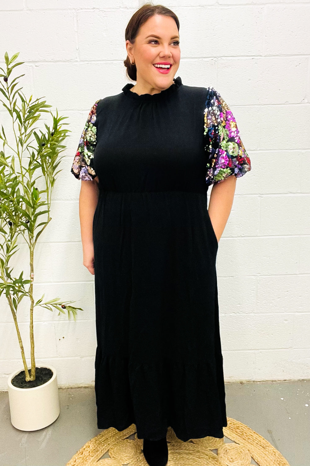 Elegant Black Floral Sequin Puff Sleeve Mock Neck Tiered Maxi Dress for Women - Perfect for Evening Parties, Weddings & Special Occasions