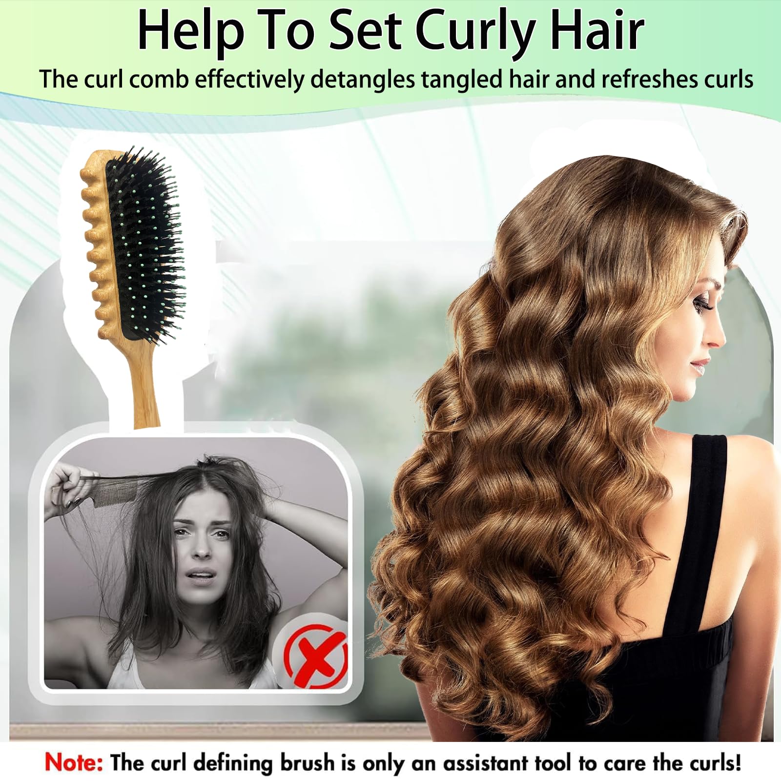 2 Pack Curly Hair Brush for Men & Women - Natural Bamboo Curl Defining Brush for Wet & Dry Hair - Detangling Comb for Curly Hair with Reduced Pulling - Perfect for Salon, Home & Travel Use (Bamboo)