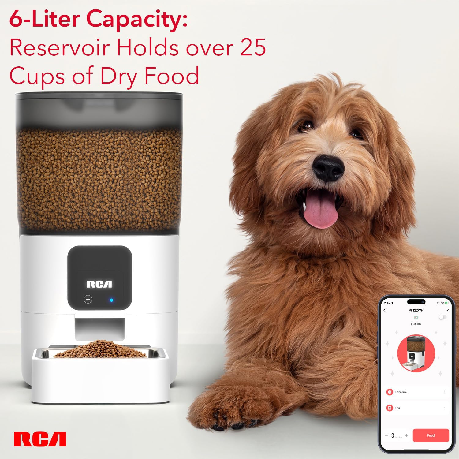 RCA Smart WiFi Pet Feeder for Dogs, Cats & Rabbits - 6L Capacity, App Control, Alexa & Google Compatible, Dishwasher Safe BPA-Free Bowls | Perfect for Home, Office & Travel Remote Feeding