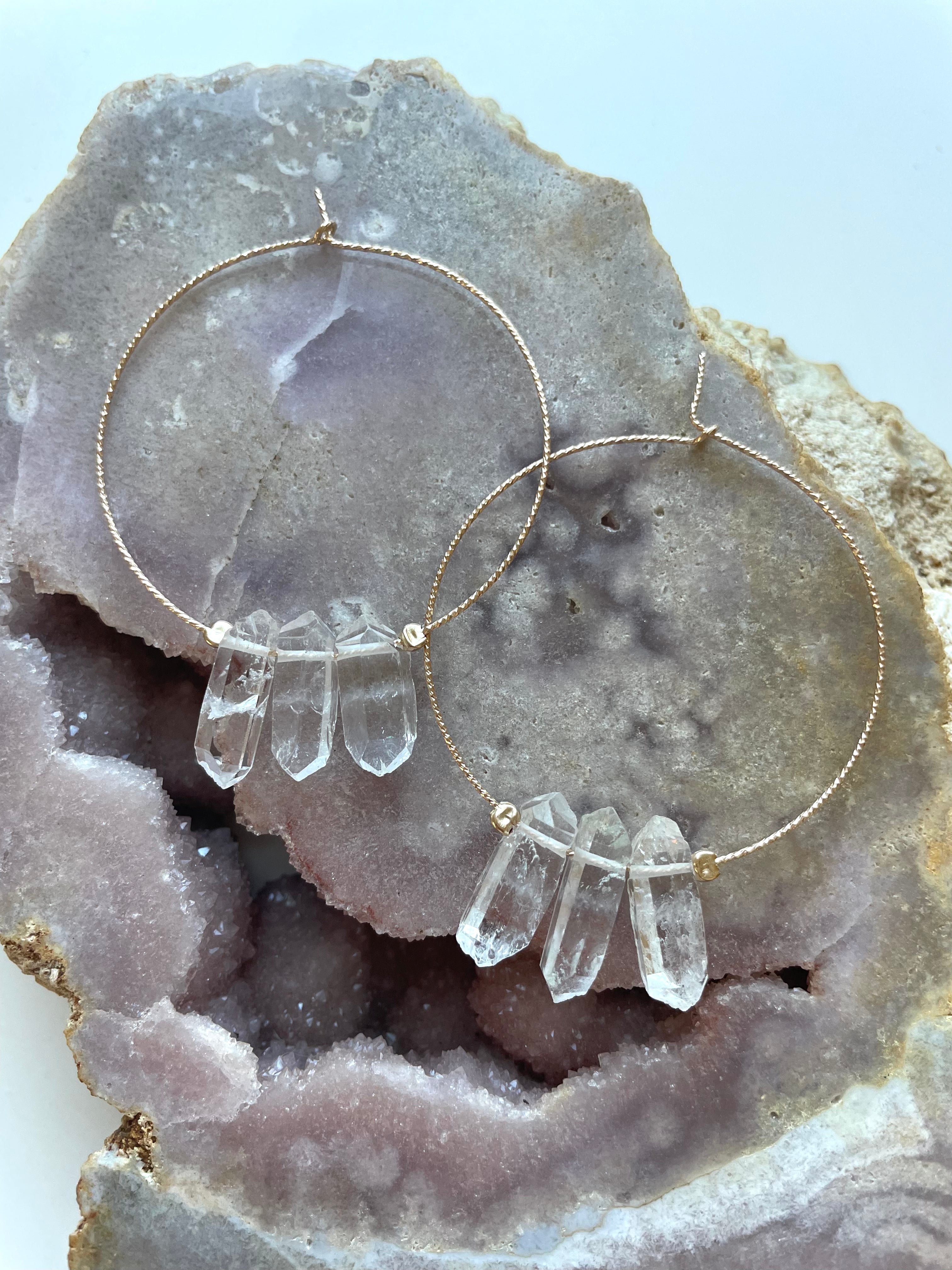 Stylish Thin Clear Quartz Boho Hoop Earrings - Minimalist Crystal Jewelry for Women - Perfect for Boho Chic, Festival, and Everyday Wear