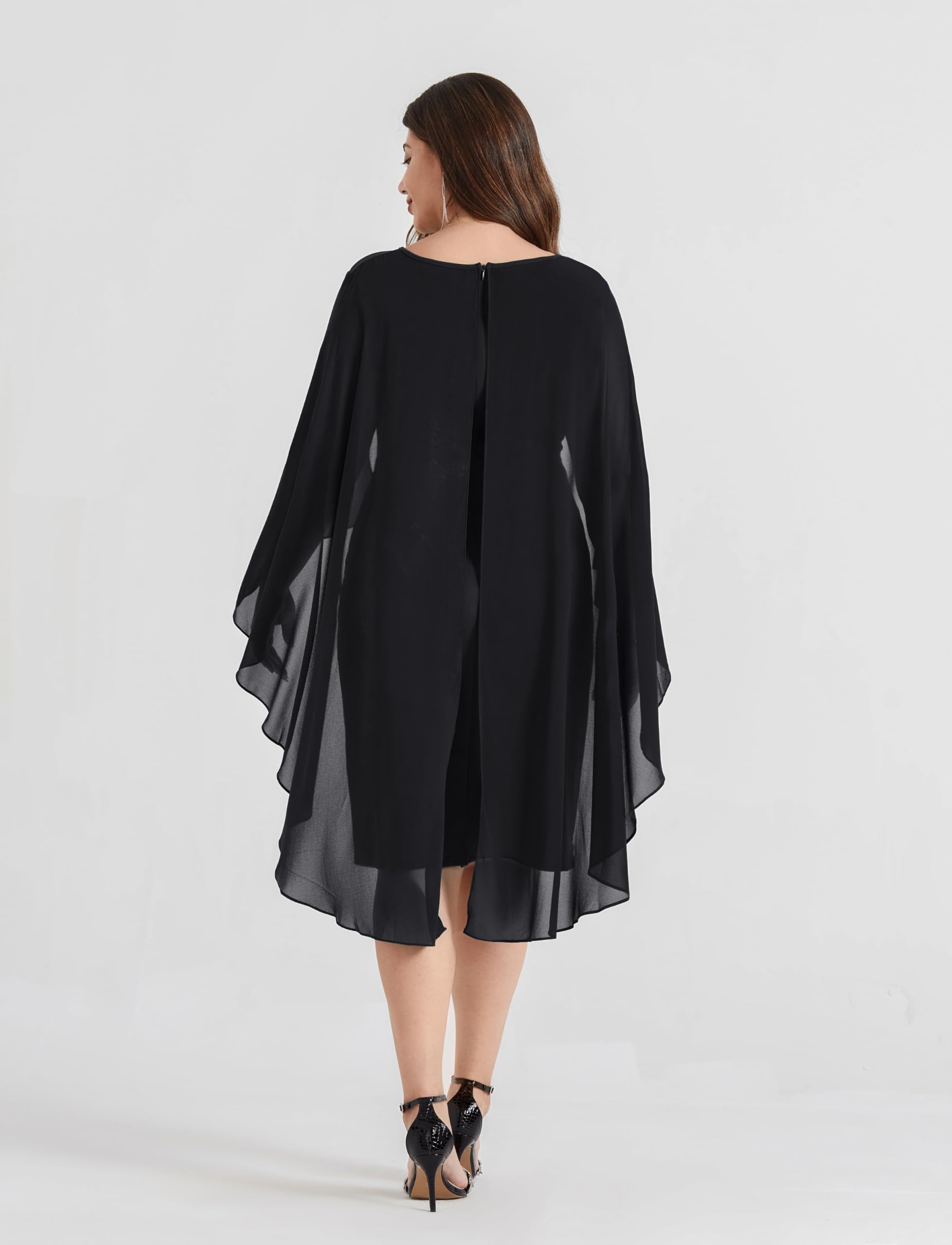 Hanna Nikole Women's Plus Size Chiffon Cape Dress - Crew Neck Ruched Bodycon Cocktail Pencil Dress for Wedding Guest, Party & Special Occasions
