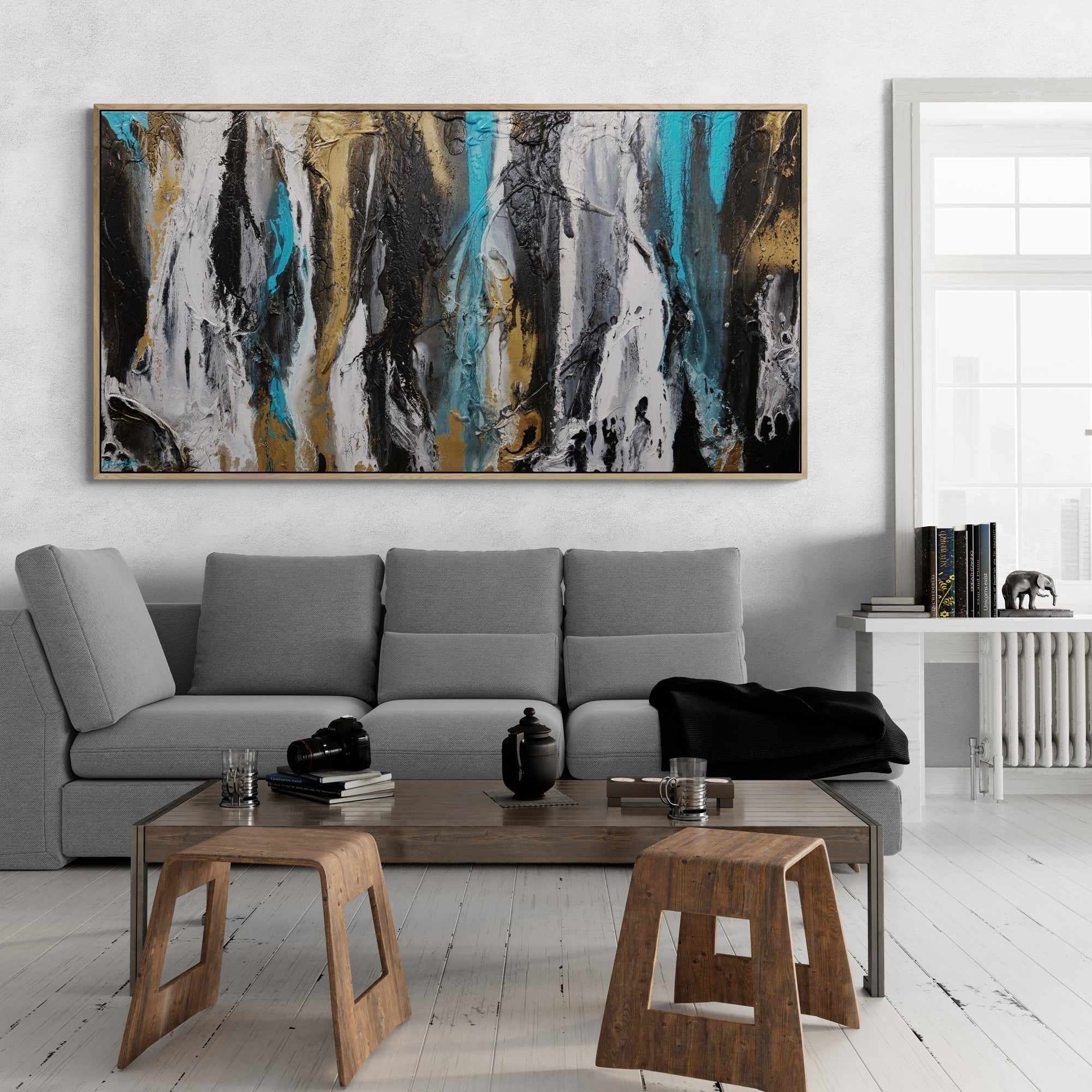 Golden Teal 190cm x 100cm Black Teal Gold Textured Abstract Canvas Wall Art - Modern Home Decor for Living Room, Bedroom, Office