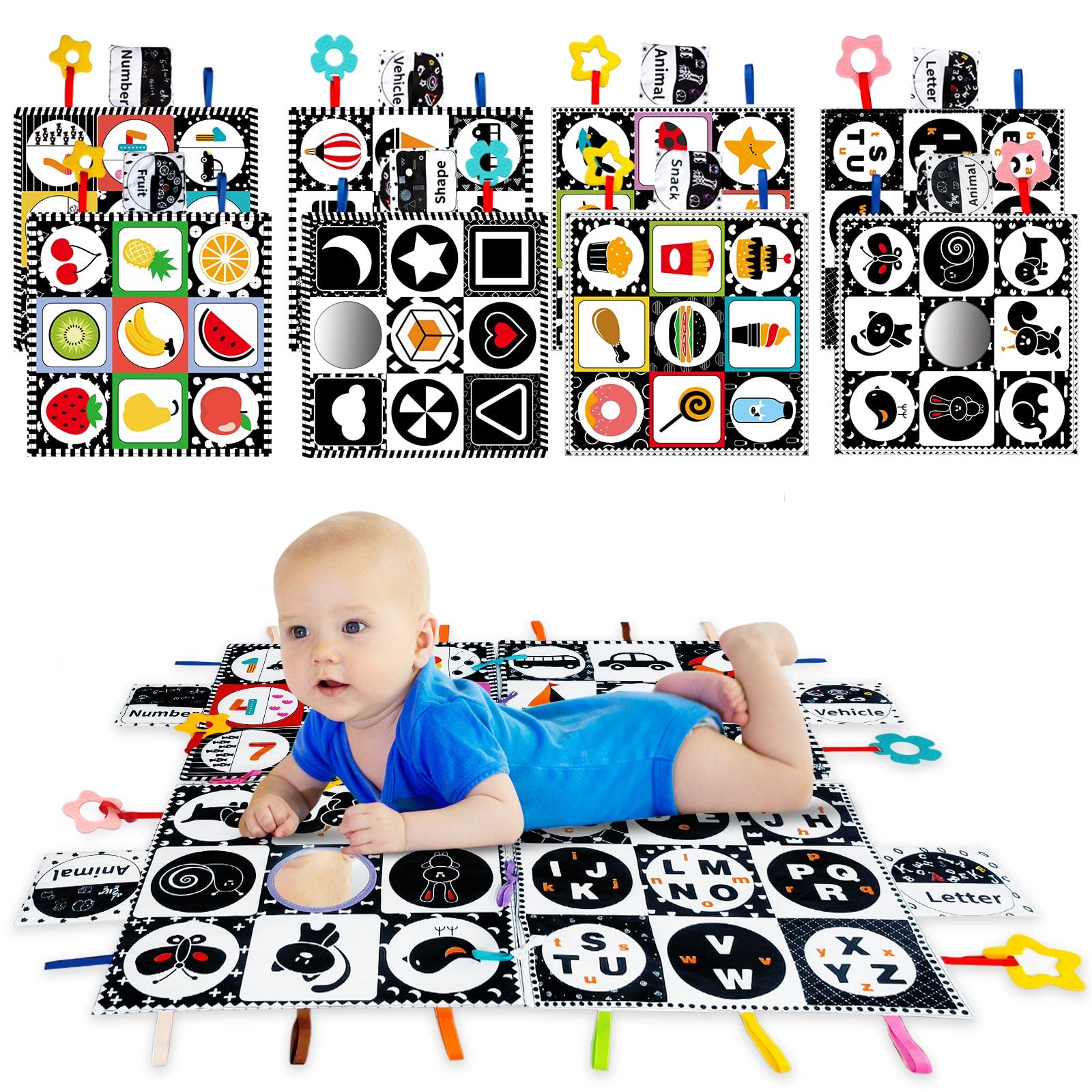 Black and White High Contrast Baby Toys - Sensory Toys for Infants 0-18 Months | Montessori Learning Activities with Mirror & Teether | 4-Pack Newborn Tummy Time Toys - Perfect Gift for Baby Boys & Girls | Stimulates Visual Development & Sensory Play