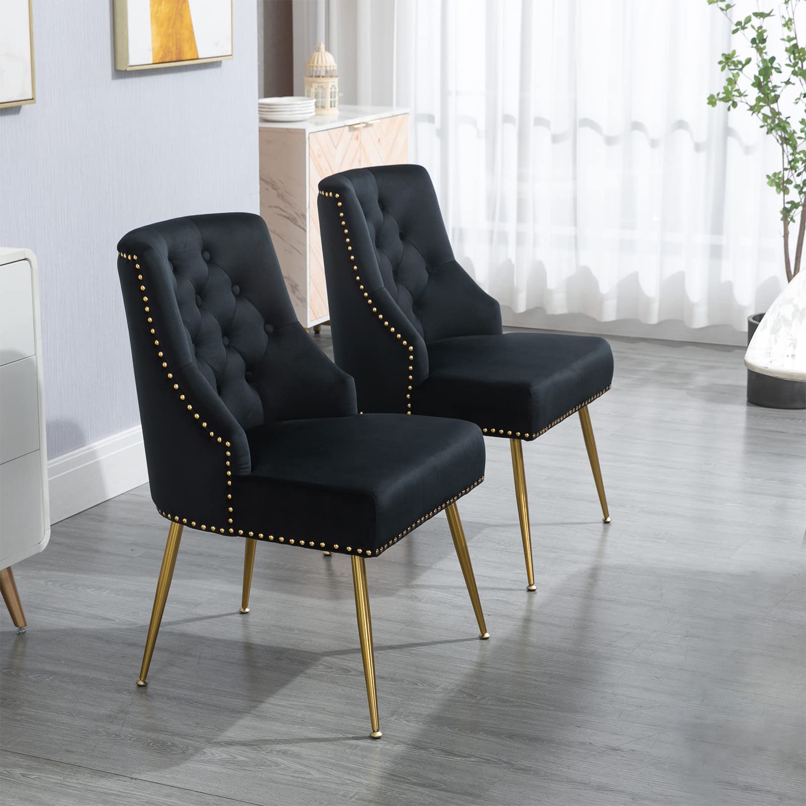 Luxury Velvet Dining Chairs Set of 6 - Modern Mid-Back Upholstered Button-Tufted Armless Chairs with Gold Metal Legs for Kitchen, Dining Room & Living Room - Elegant Home Decor for Dinner Parties & Family Gatherings (Black)