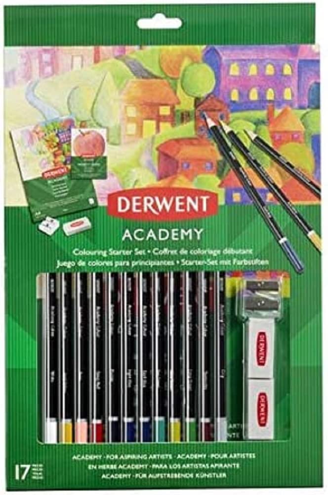 Derwent Academy Colouring Starter Set - 17-Piece Drawing & Coloring Kit with Sharpener & Eraser | Premium Quality Art Supplies for Beginners & Students | Perfect for Sketching, Shading & Adult Coloring Books