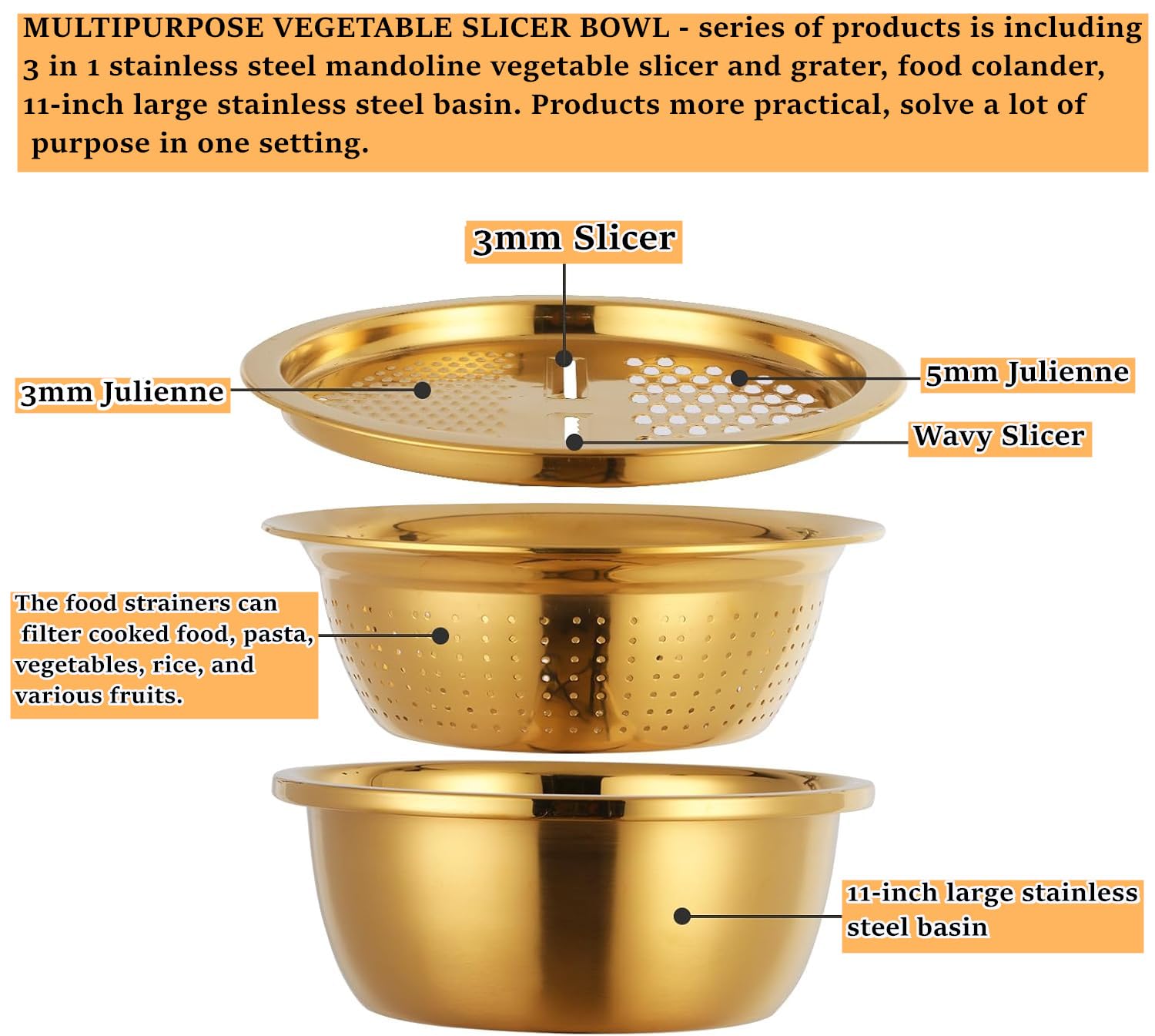 3-Piece Stainless Steel Colander Set - Vegetable Slicer, Potato Peeler, Carrot Grater & Strainer with Round Rice Washer Bowl (Gold) - Perfect for Kitchen Prep, Salad Making & Draining Pasta