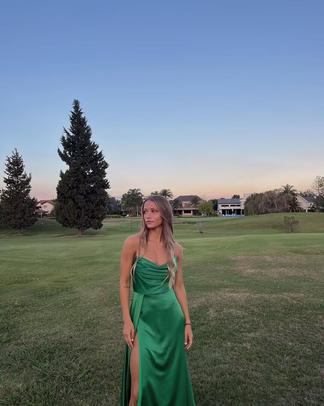 Elegant A-Line Green Satin Long Prom Dress with High Slit - J2905 | Perfect for Homecoming, Formal Dances & Evening Parties