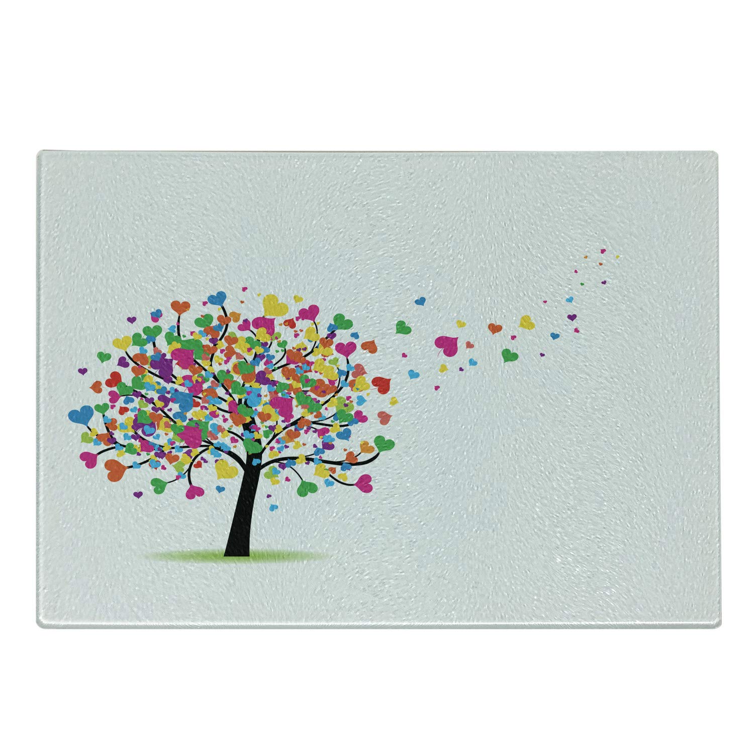 Ambesonne Love Themed Cutting Board - Abstract Romance Design with Hearts, Leaves & Tree Pattern - White & Multicolor Tempered Glass Serving Board - Perfect for Kitchen Decor, Cheese Platter & Gift Giving