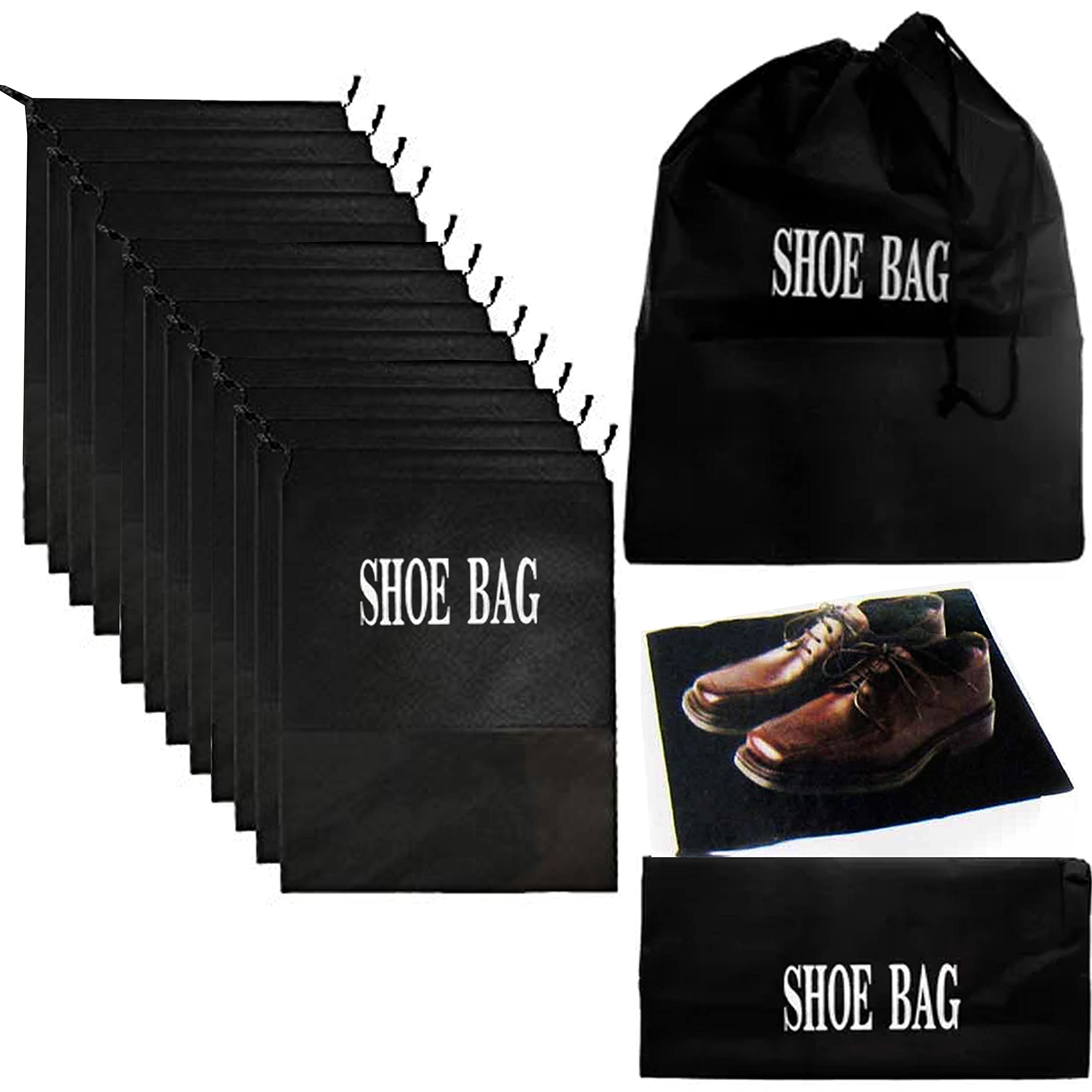 12-Piece Black Travel Shoe Bags with Drawstring - Shoe Storage Organizer for Luggage & Suitcase - Perfect for Vacation, Gym, and Sports Gear Organization